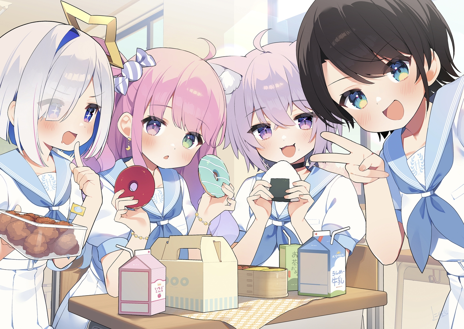 amane_kanata, angel, animal_ears, aqua_eyes, bicolored_eyes, black_hair, blush, catgirl