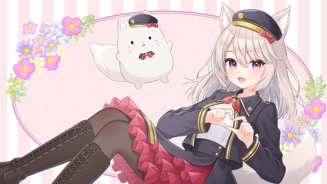 animal, animal_ears, blush, boots, bow, cat, catgirl, flowers, gray_hair, hat, heart, hiiragi_kei, hinano_aki, leaves, long_hair, pantyhose, pink_eyes, skirt, tail