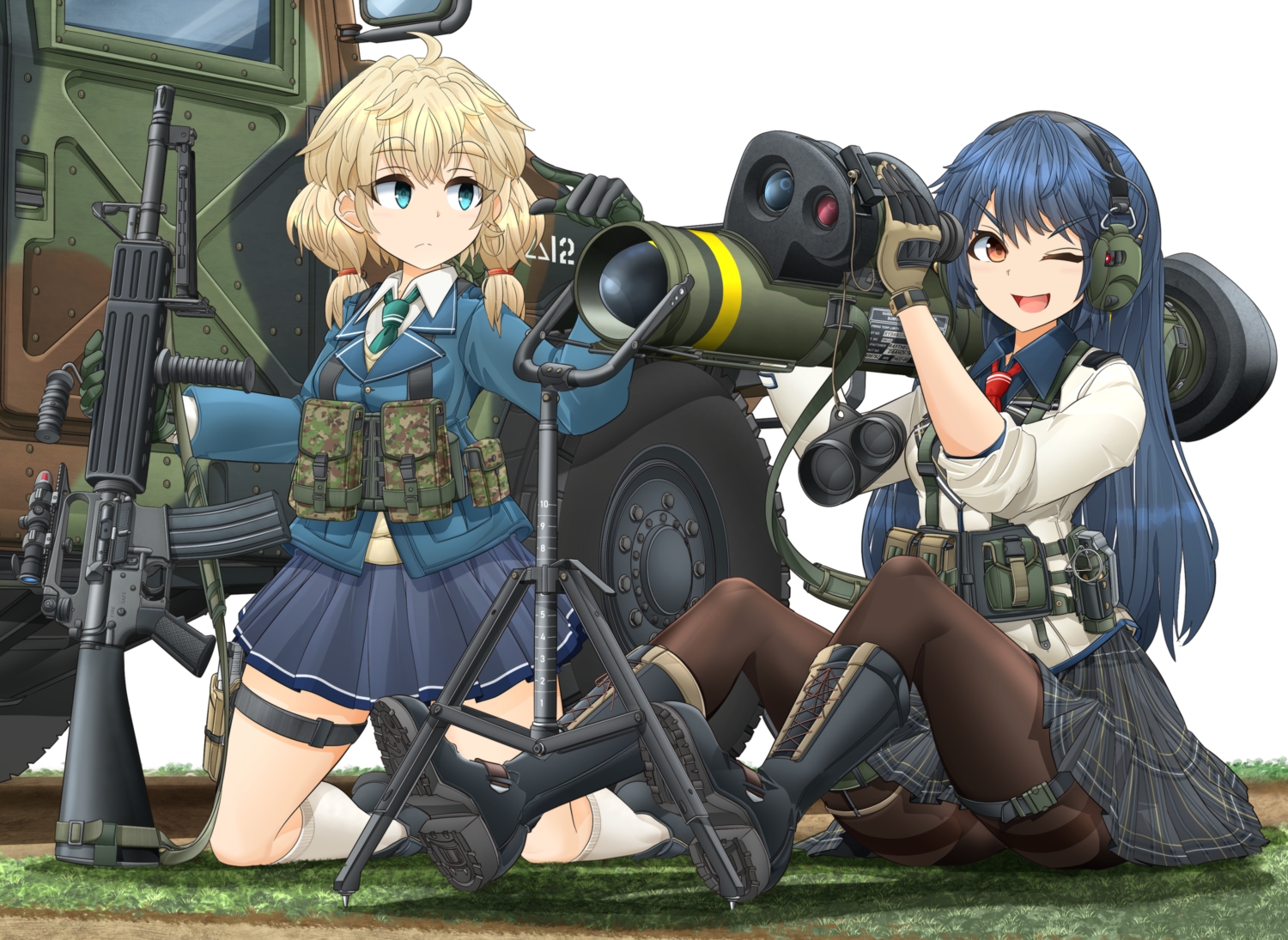 2girls, aqua_eyes, blonde_hair, blue_hair, boots, brown_eyes, combat_vehicle, garter