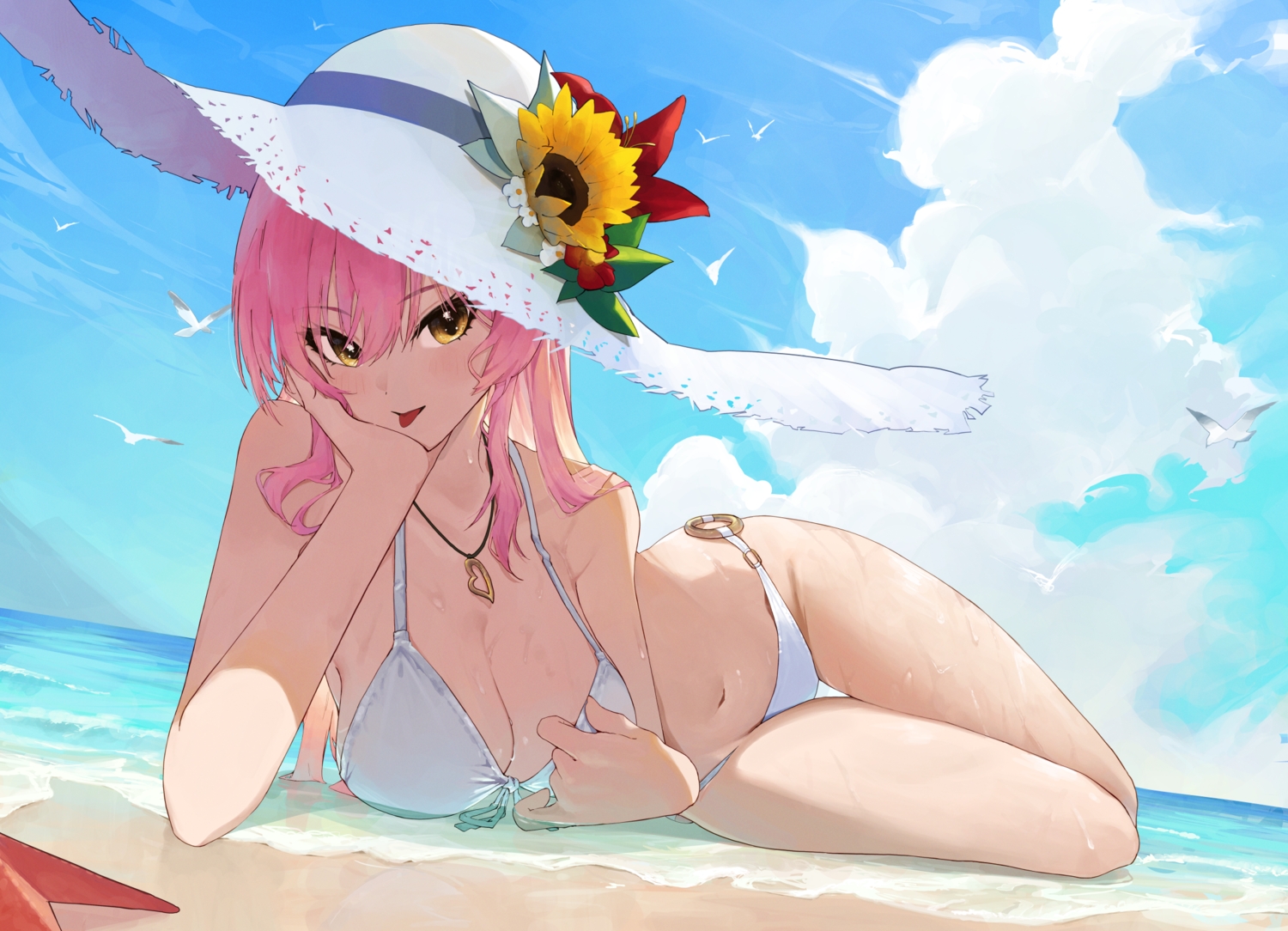 animal, beach, bikini, bird, blush, breasts, cleavage, clouds, flowers, hat, idolmaster, idolmaster_cinderella_girls, jougasaki_mika, long_hair, navel, necklace, ningen_gokko, pink_hair, sky, sunflower, swimsuit, water, wet, wink, yellow_eyes