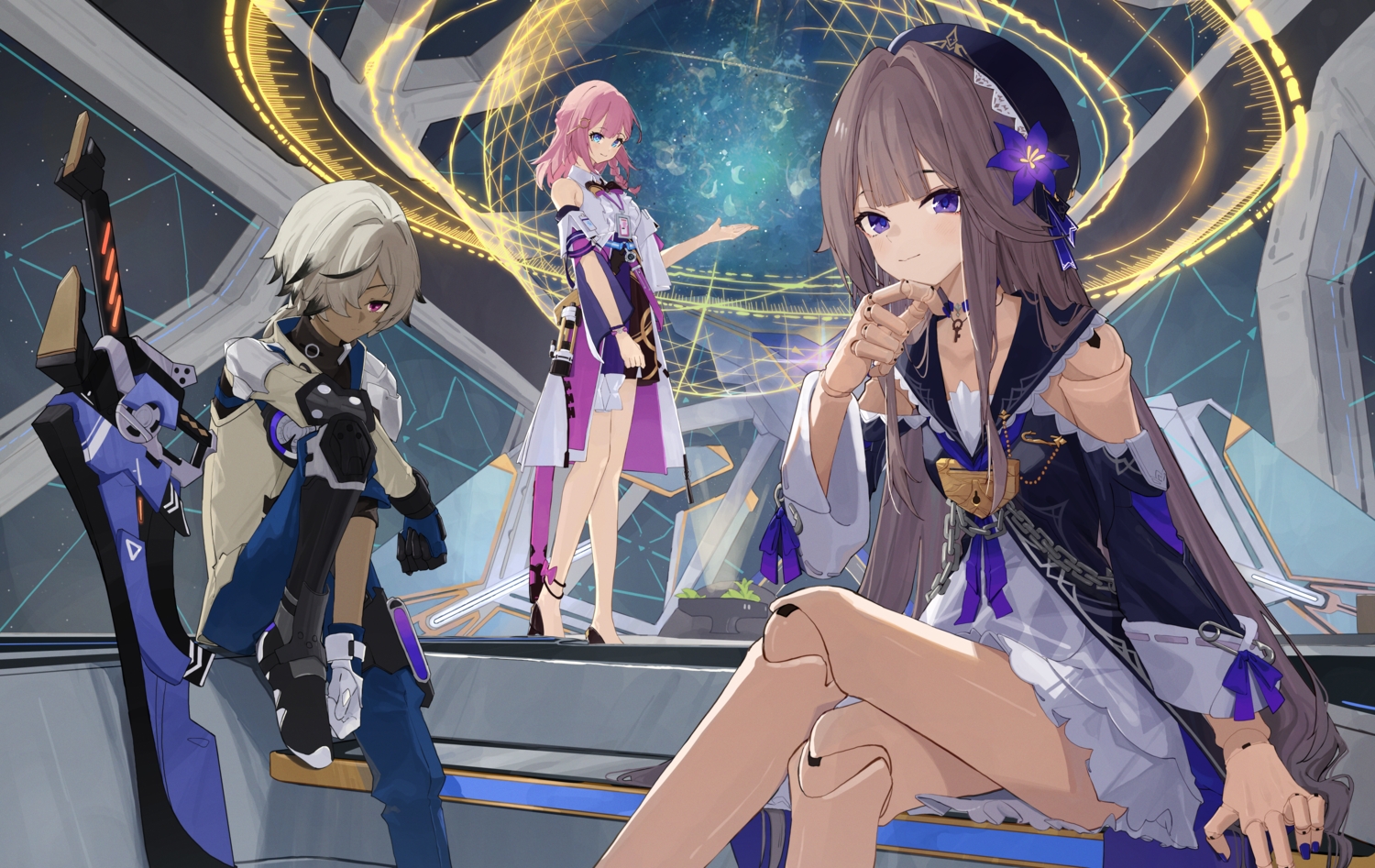 aqua_eyes, arlan_(honkai:_star_rail), asta_(honkai:_star_rail), braids, choker, dark_skin, doll, dress