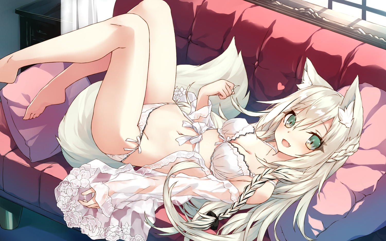 animal_ears, barefoot, blush, braids, breasts, cleavage, couch, fang