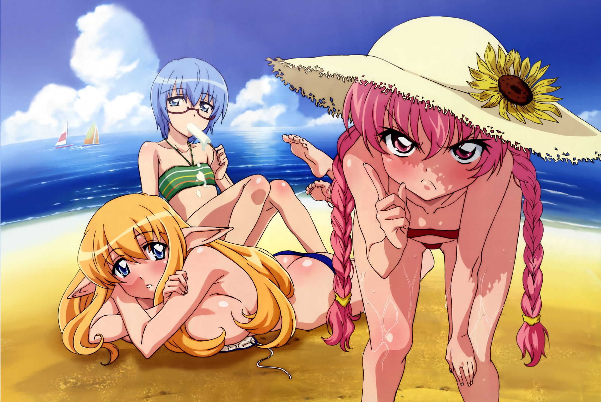 ass, barefoot, louise_françoise_le_blanc_de_la_vallière, pointed_ears, swimsuit, tabitha, tiffania_westwood, zero_no_tsukaima