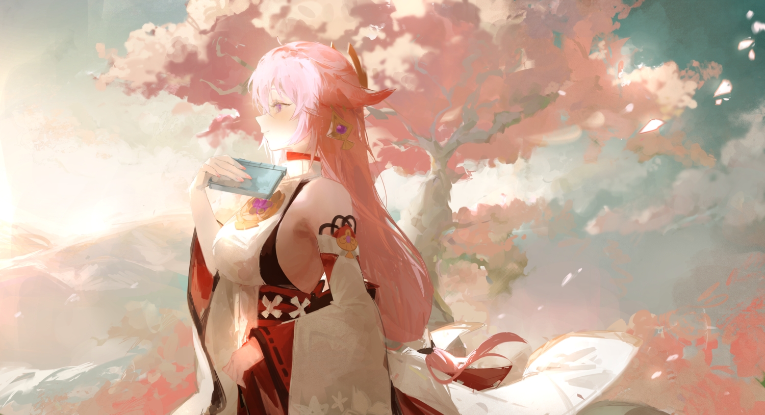 animal_ears, breasts, cherry_blossoms, clouds, flowers, foxgirl, genshin_impact, japanese_clothes