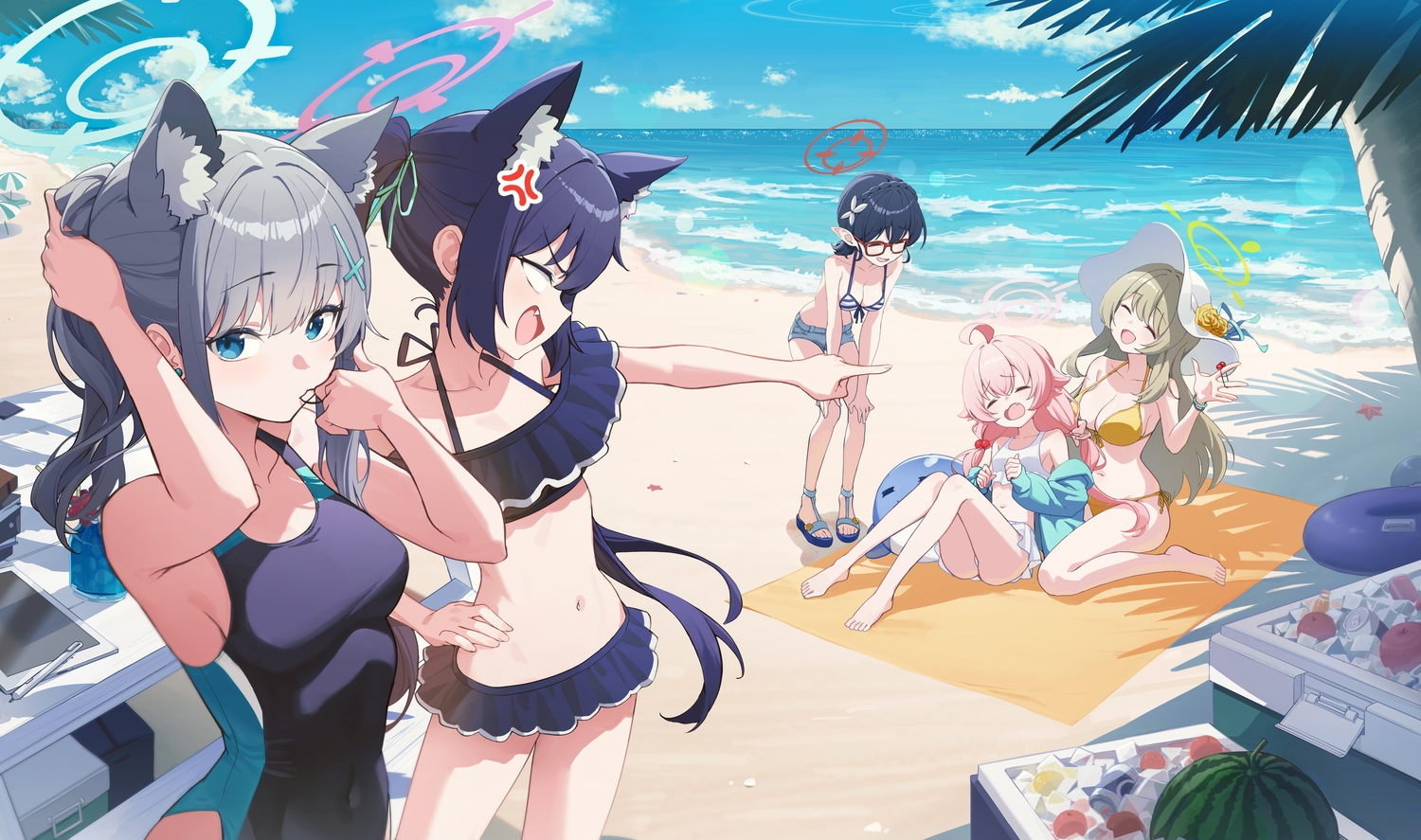 animal_ears, apple, barefoot, beach, bikini, bikini_top, black_hair, blue_archive