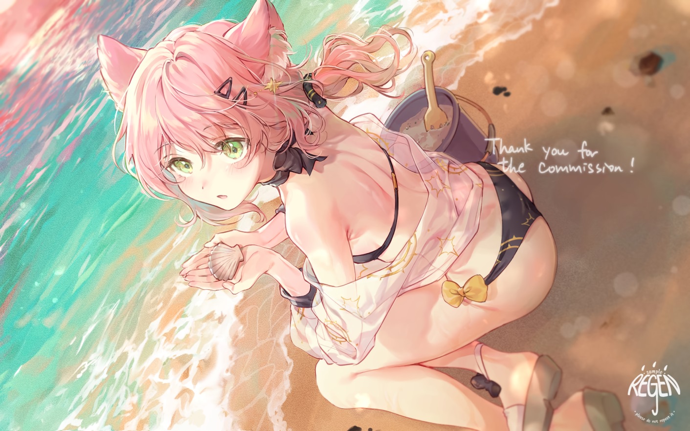 animal_ears, beach, bikini, blush, bow, choker, green_eyes, original