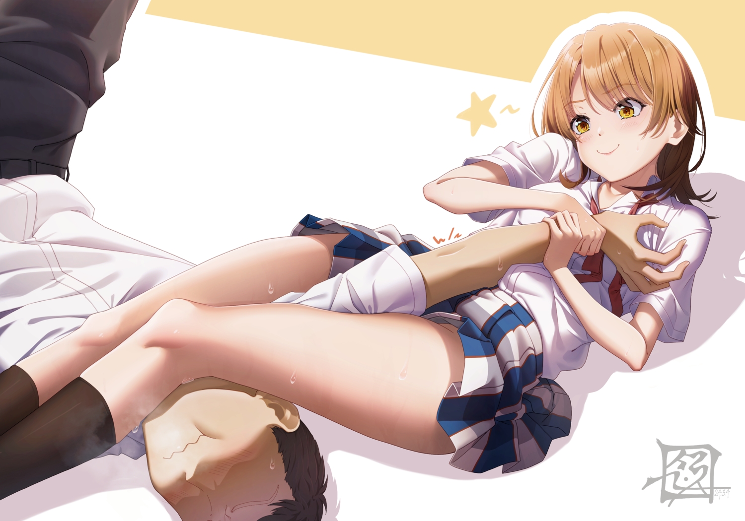 blush, brown_eyes, brown_hair, isshiki_iroha, kneehighs, male, school_uniform, shirt