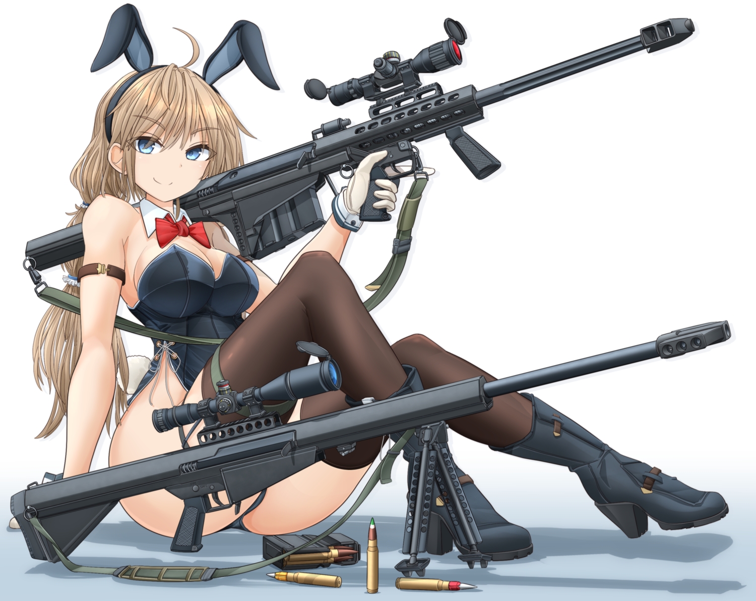 animal_ears, blonde_hair, blue_eyes, boots, bow, breasts, bunny_ears, bunnygirl, cleavage, gloves, gun, leotard, mikeran_(mikelan), original, thighhighs, weapon, white