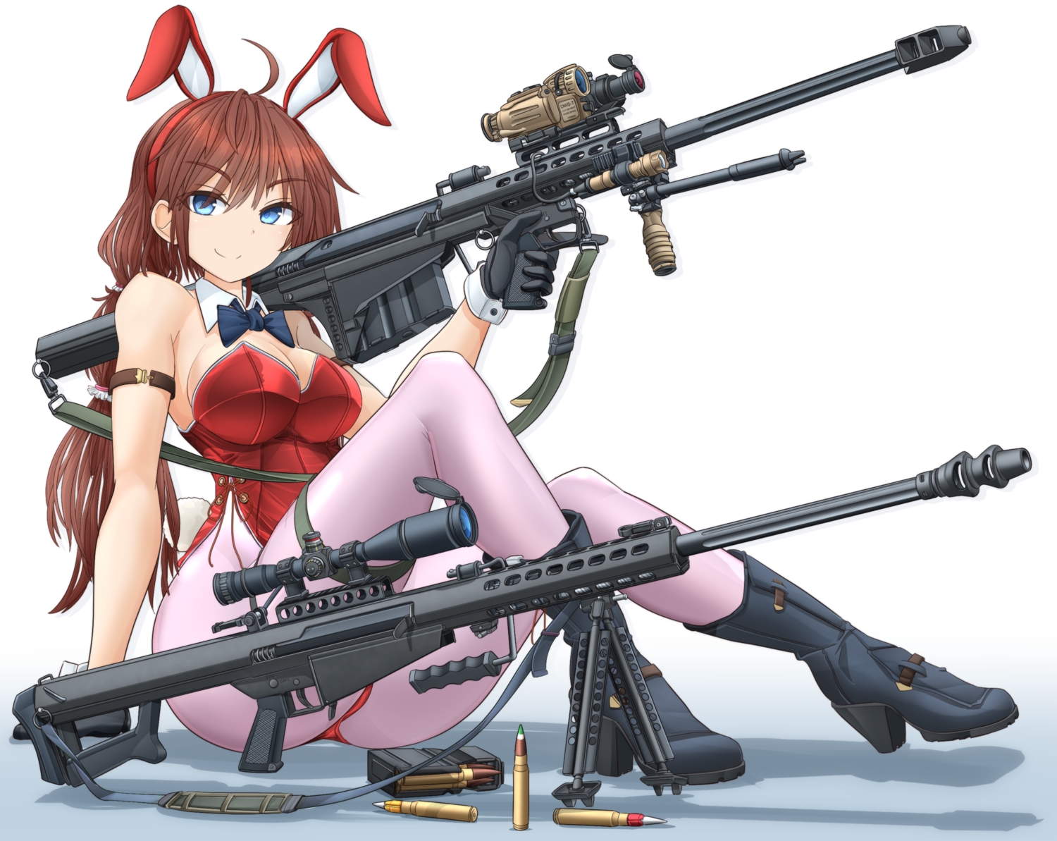 animal_ears, blue_eyes, boots, bow, breasts, brown_hair, bunny_ears, bunnygirl, cleavage, gloves, gun, leotard, mikeran_(mikelan), original, pantyhose, weapon, white