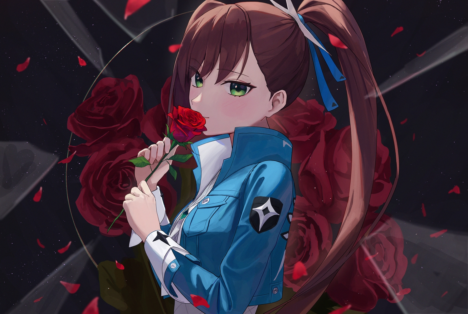 black_survival, blush, brown_hair, close, dress, fiora_pellerin, flowers, green_eyes