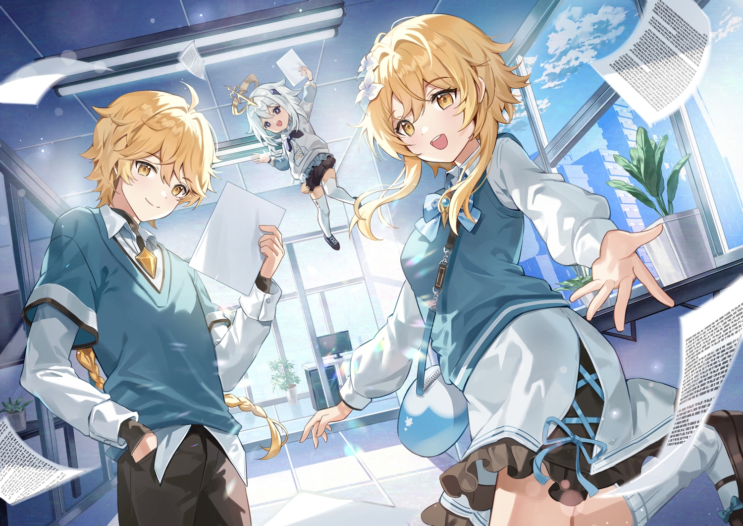 02bear20, aether_(genshin_impact), blonde_hair, bow, braids, building, clouds, computer