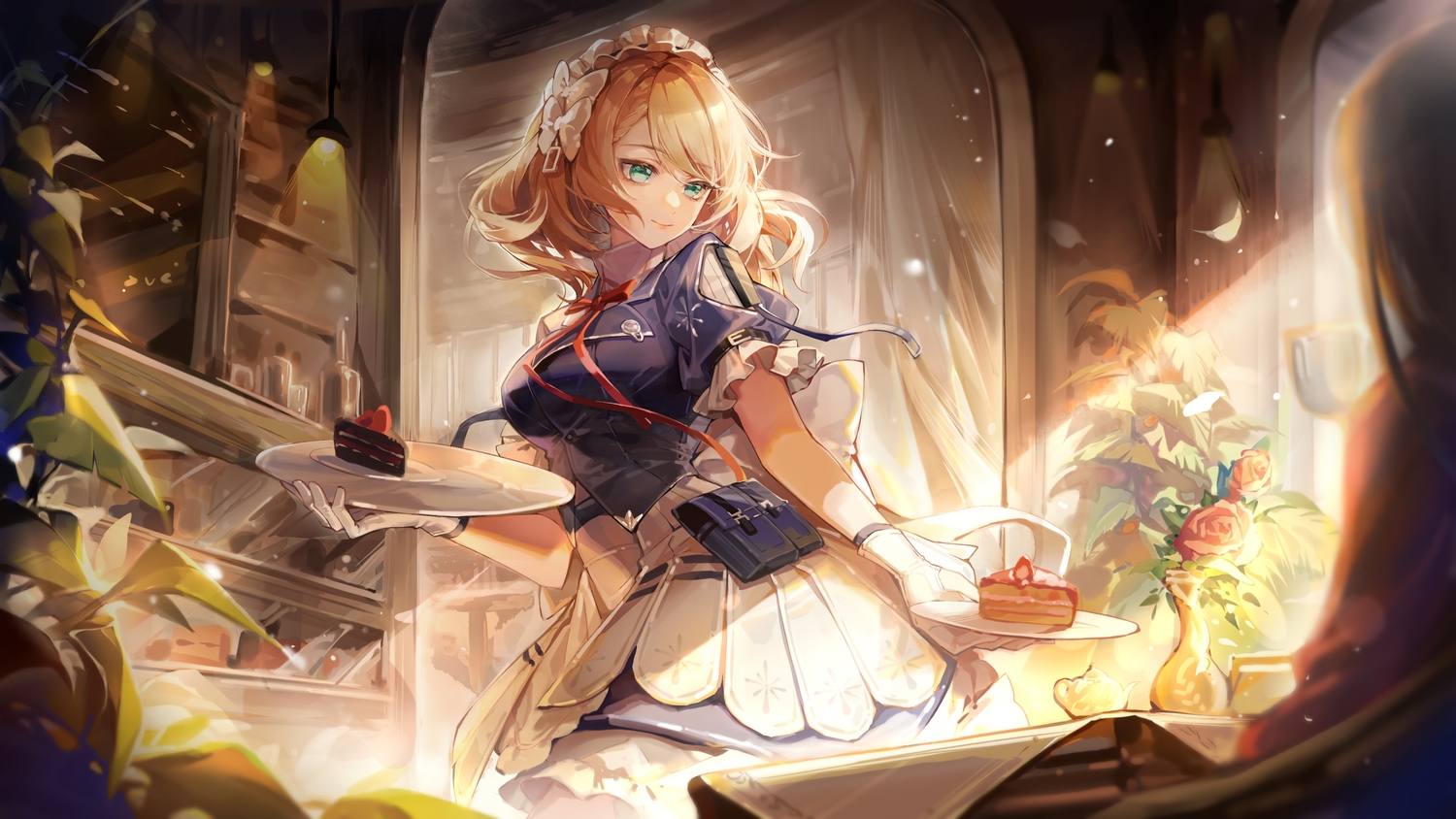 anthropomorphism, blonde_hair, cake, drink, flowers, food, fruit, g36_(girls_frontline), girls_frontline, girls_frontline_2, gloves, green_eyes, headdress, leaves, long_hair, maid, ribbons, rose, strawberry, zukiyn