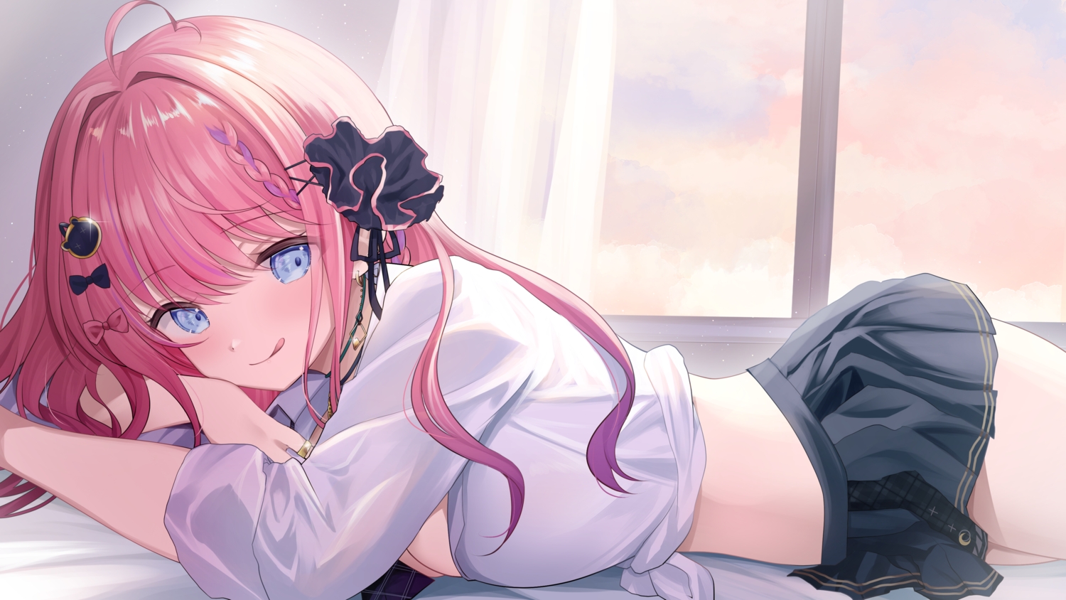aliasing, bed, blue_eyes, braids, breasts, choker, cleavage, clouds, kurage_cc, kuramochi_meruto, long_hair, nijisanji, pink_hair, shirt, shirt_lift, skirt, sky