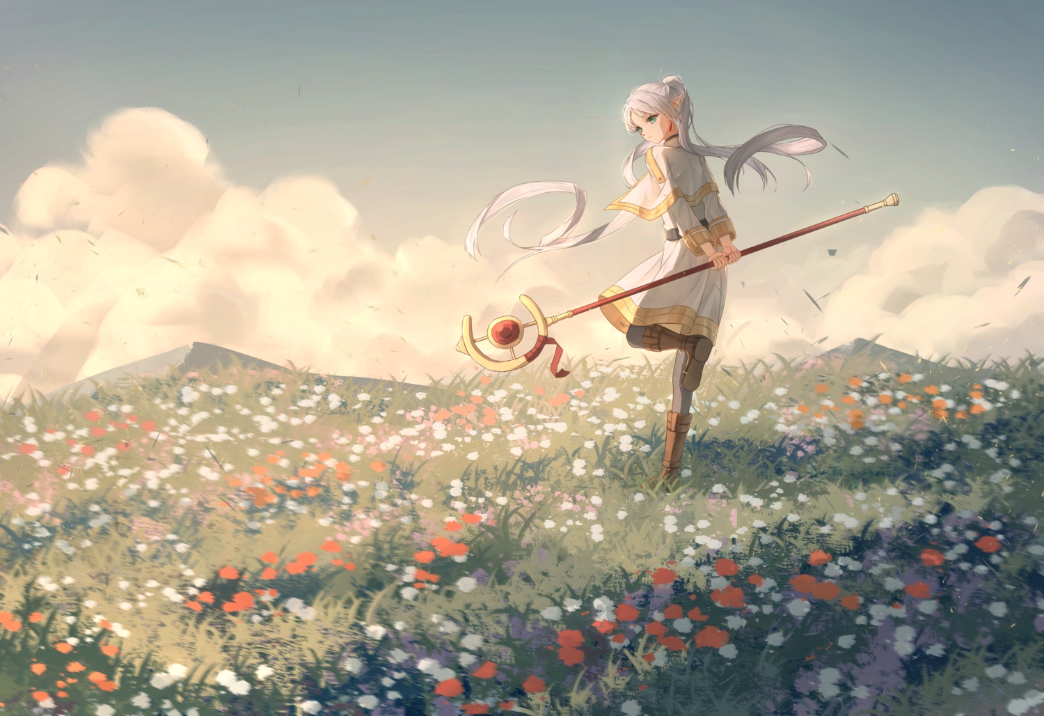 boots, cape, clouds, dress, flowers, frieren, green_eyes, leaves, long_hair, pointed_ears, sky, sousou_no_frieren, staff, twintails, white_hair, xiamianhaiya