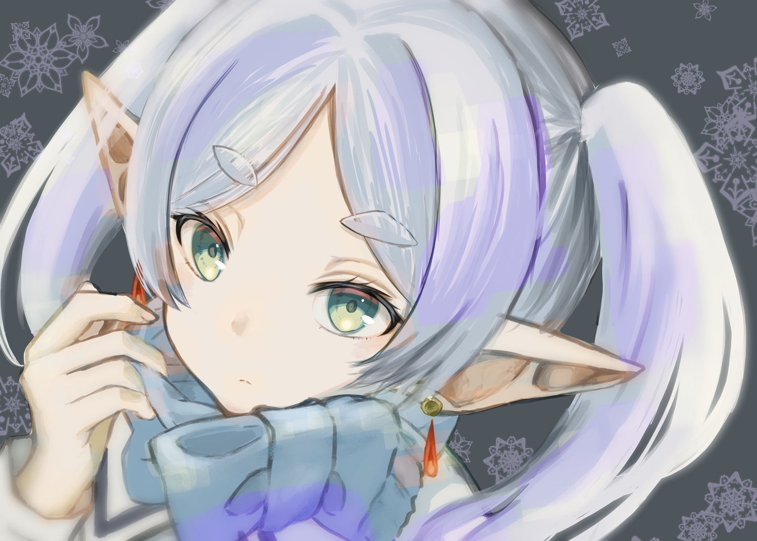 close, frieren, green_eyes, long_hair, pointed_ears, scarf, sousou_no_frieren, twintails, white_hair, yurika_(poire087)