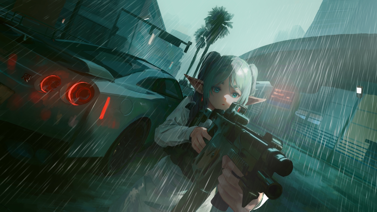 3d, building, car, close, dress, frieren, green_eyes, gun, pointed_ears, rain, sky, sousou_no_frieren, tree, twintails, water, weapon, white_hair, yao_liao_wang