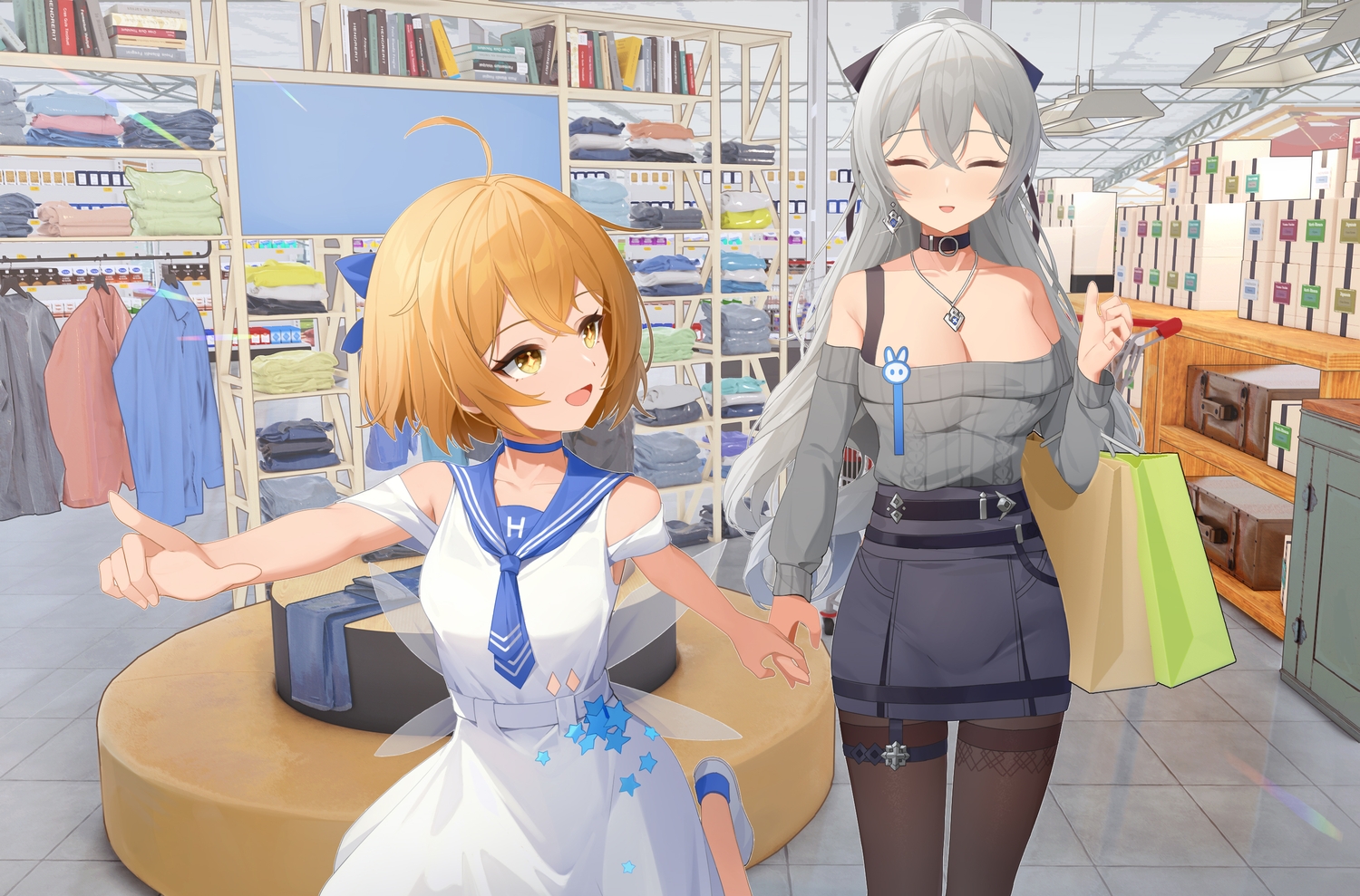2girls, breasts, bronya_zaychik, brown_hair, choker, cleavage, dress, garter, gray_hair, hanser_(utaite), honkai_impact, honkai_(series), long_hair, necklace, pantyhose, shirt, short_hair, skirt, wings, wood_cube, yellow_eyes