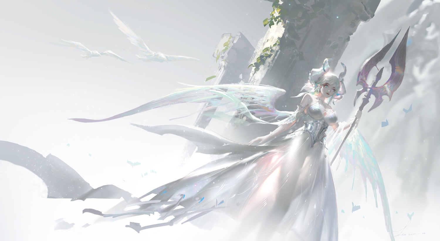 animal, armor, bird, breasts, cleavage, corset, demon, dress
