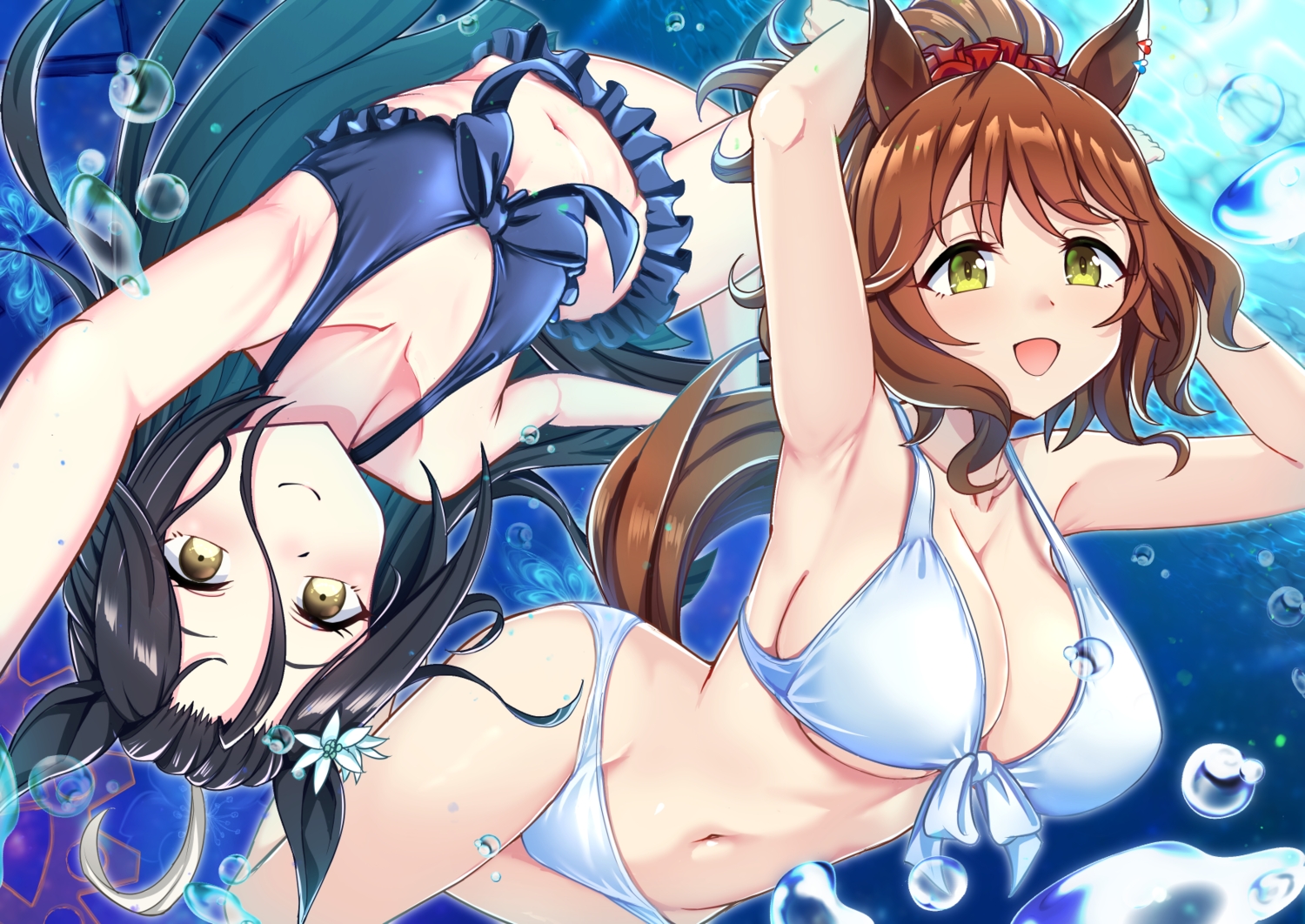 2girls, animal_ears, anthropomorphism, aston_machan_(umamusume), bikini, black_hair, breasts, brown_hair