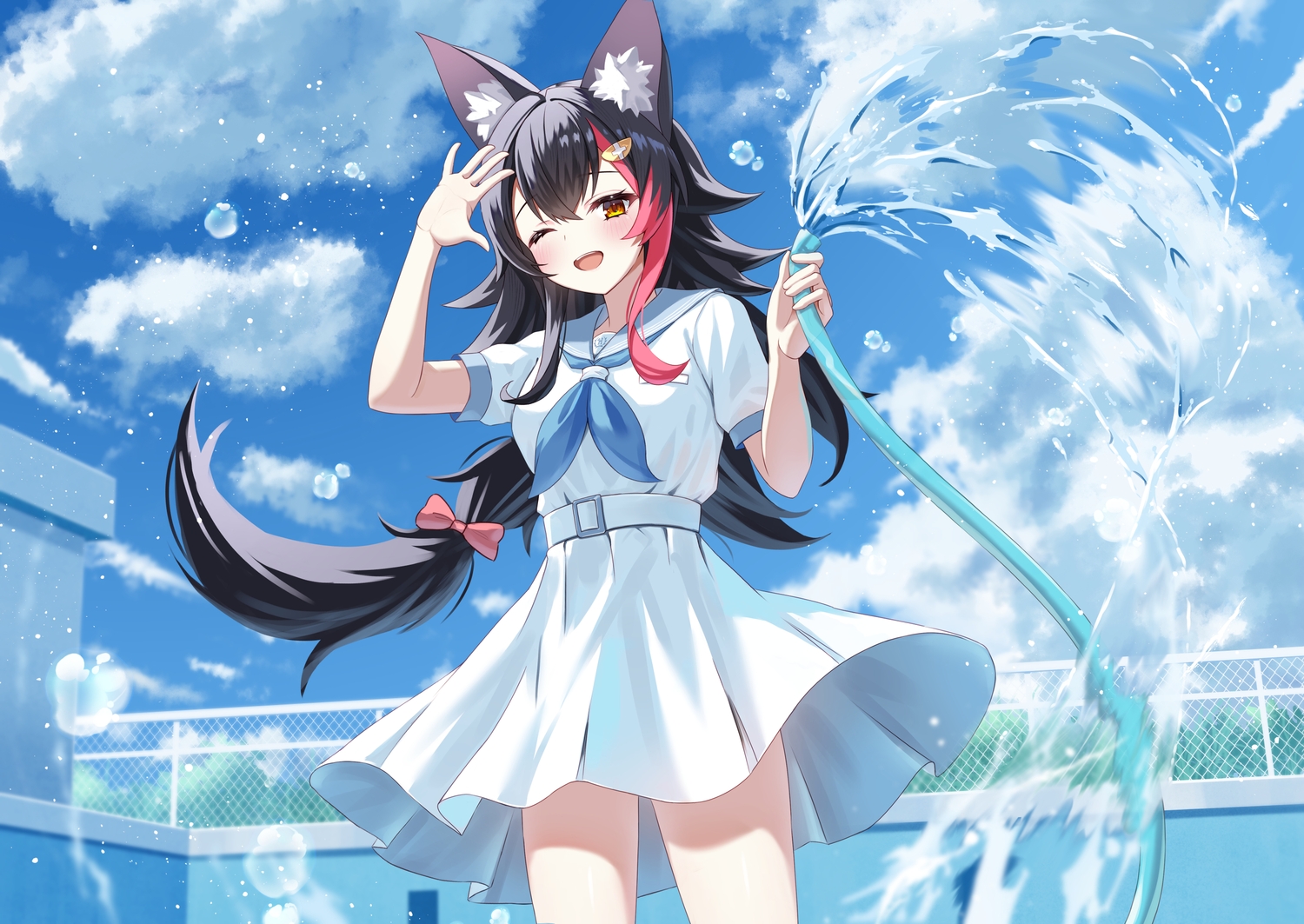 animal_ears, black_hair, blush, brown_eyes, clouds, hololive, long_hair, ookami_mio