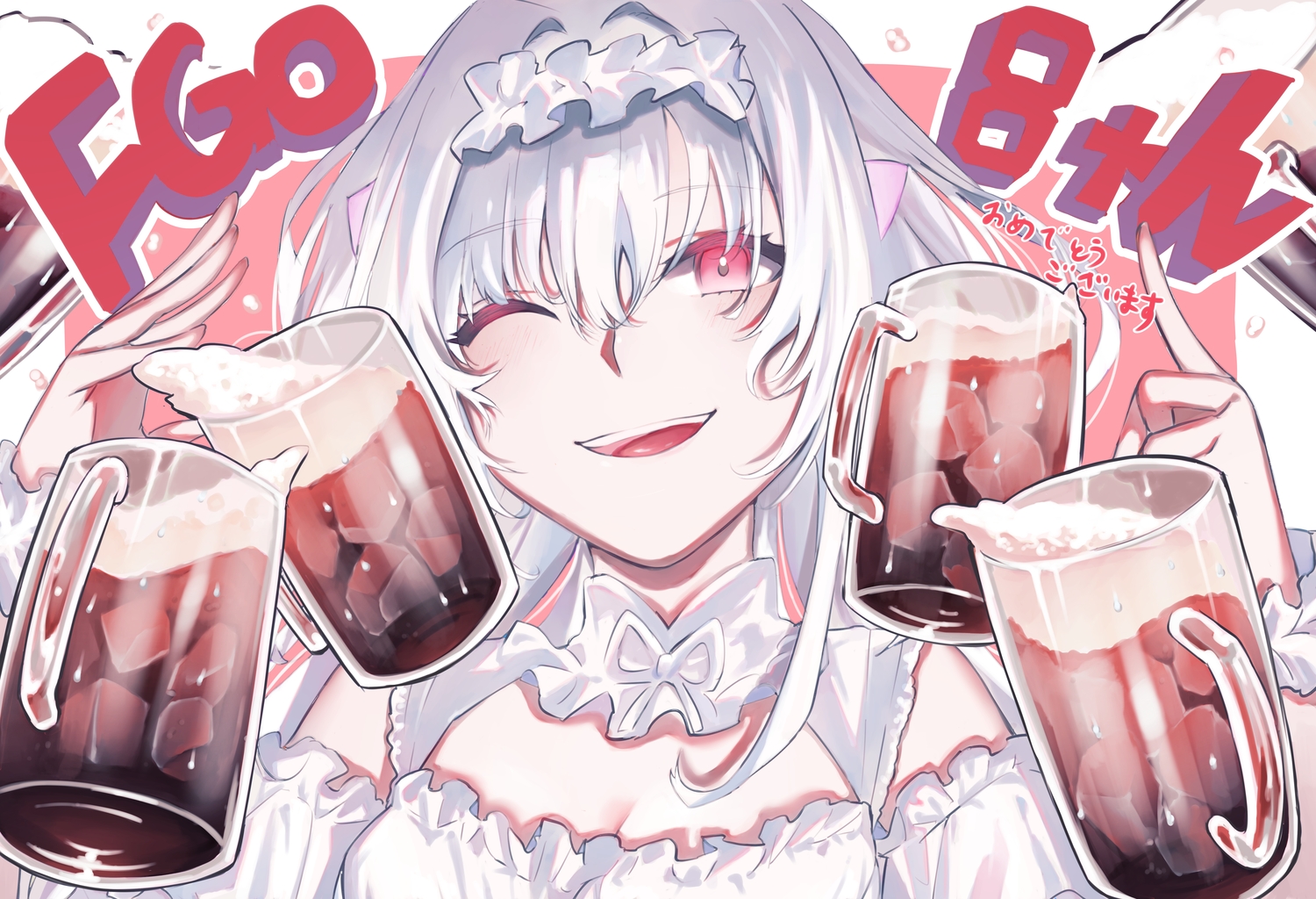 aro_16666, blush, close, dress, drink, fate/grand_order, fate_(series), gray_hair, headdress, lady_avalon_(fate), long_hair, merlin_(fate/prototype), red_eyes, translation_request, wink