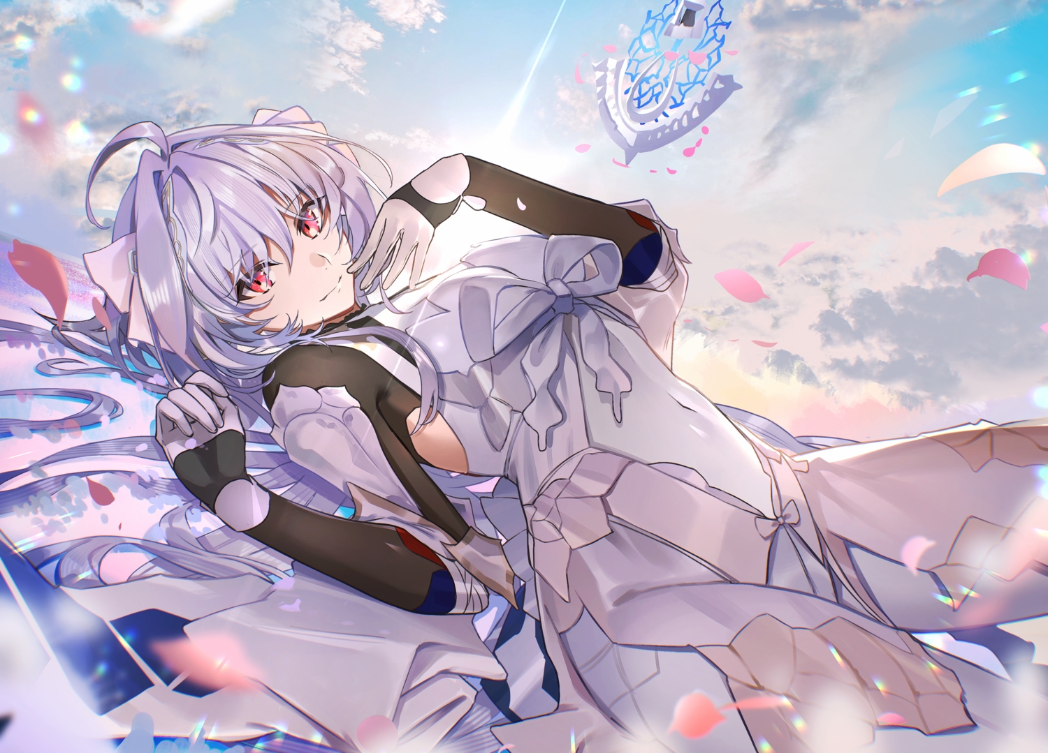 bodysuit, bow, clouds, fate/grand_order, fate_(series), gloves, gray_hair, headdress