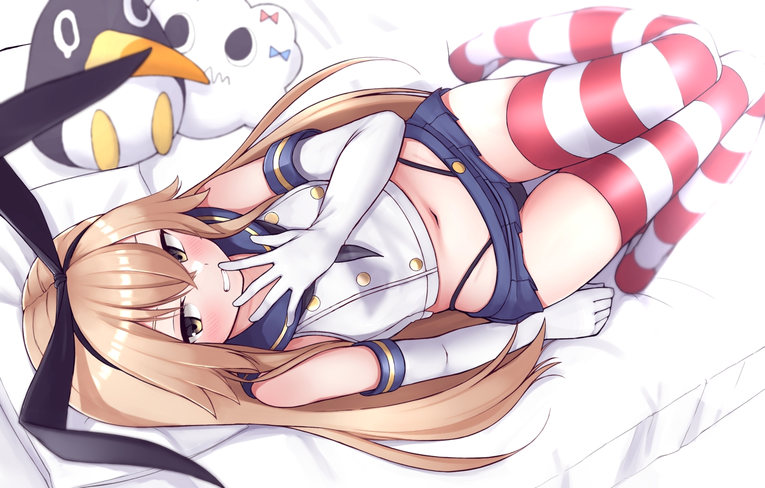 animal_ears, anthropomorphism, blonde_hair, blush, elbow_gloves, failure_penguin, gloves, headband, kantai_collection, long_hair, navel, panties, school_uniform, shimakaze_(kancolle), thighhighs, tiemu_(man190), underwear, yellow_eyes