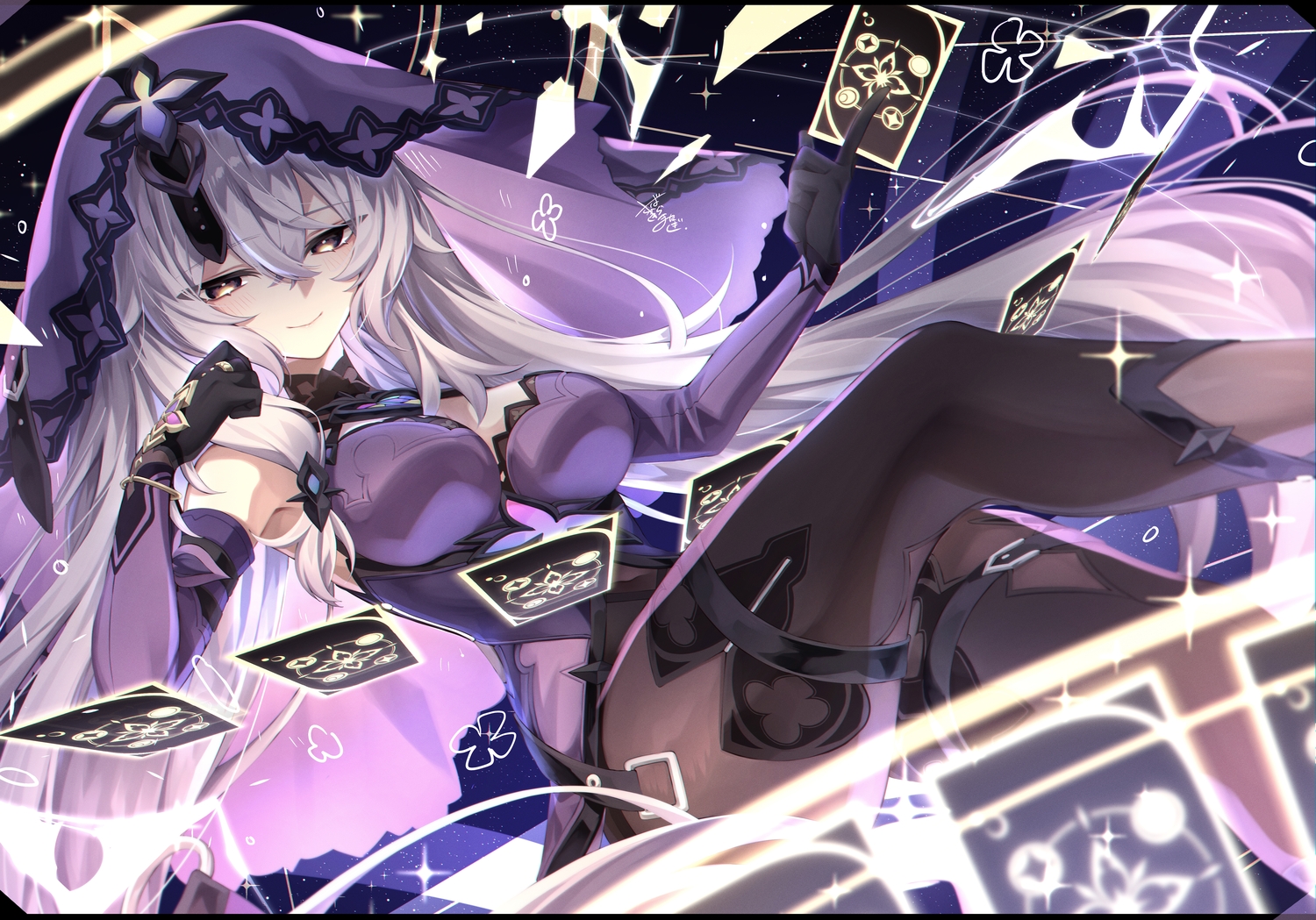 black_swan_(honkai:_star_rail), blush, breasts, dress, gloves, gray_hair, headdress, honkai_(series), honkai:_star_rail, long_hair, magic, matagi_14, pantyhose, purple_eyes