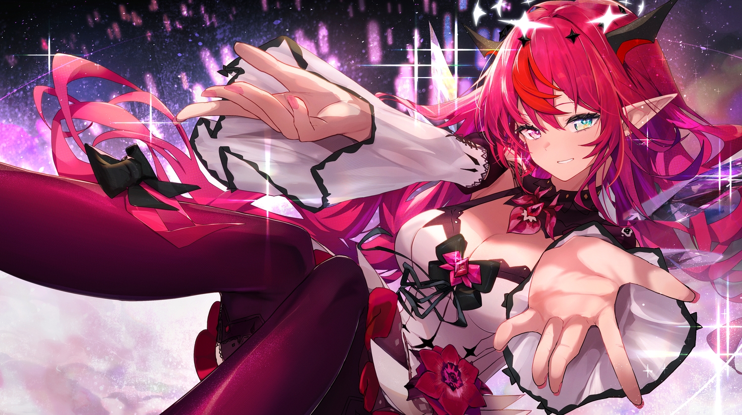 bicolored_eyes, bow, breasts, cleavage, dress, getto, hololive, horns