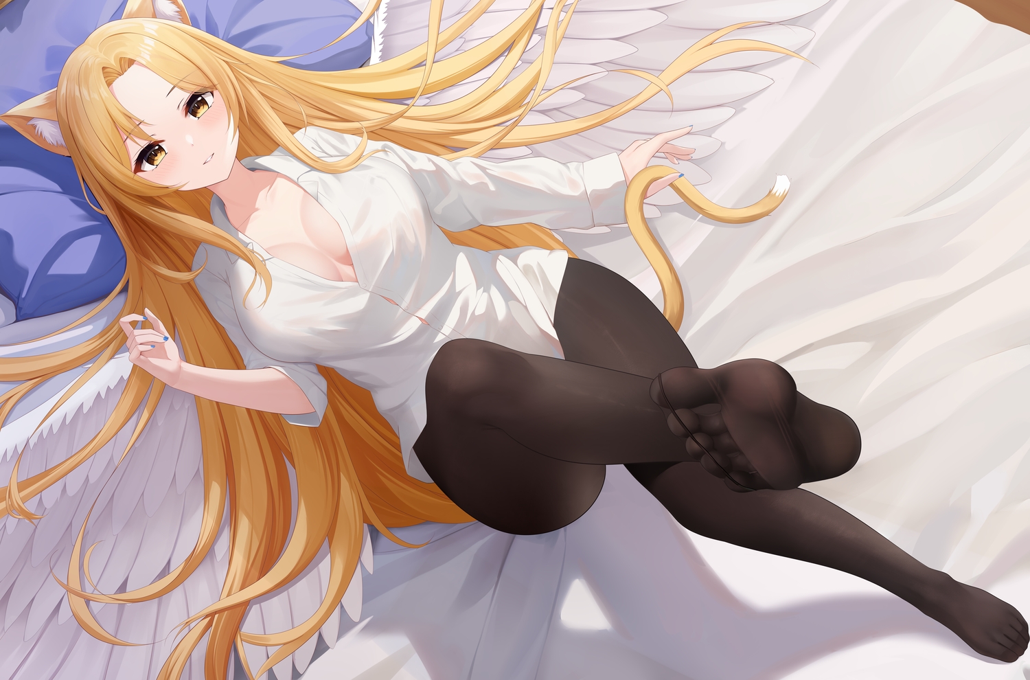 animal_ears, bed, blonde_hair, blush, breasts, brown_eyes, catgirl, long_hair