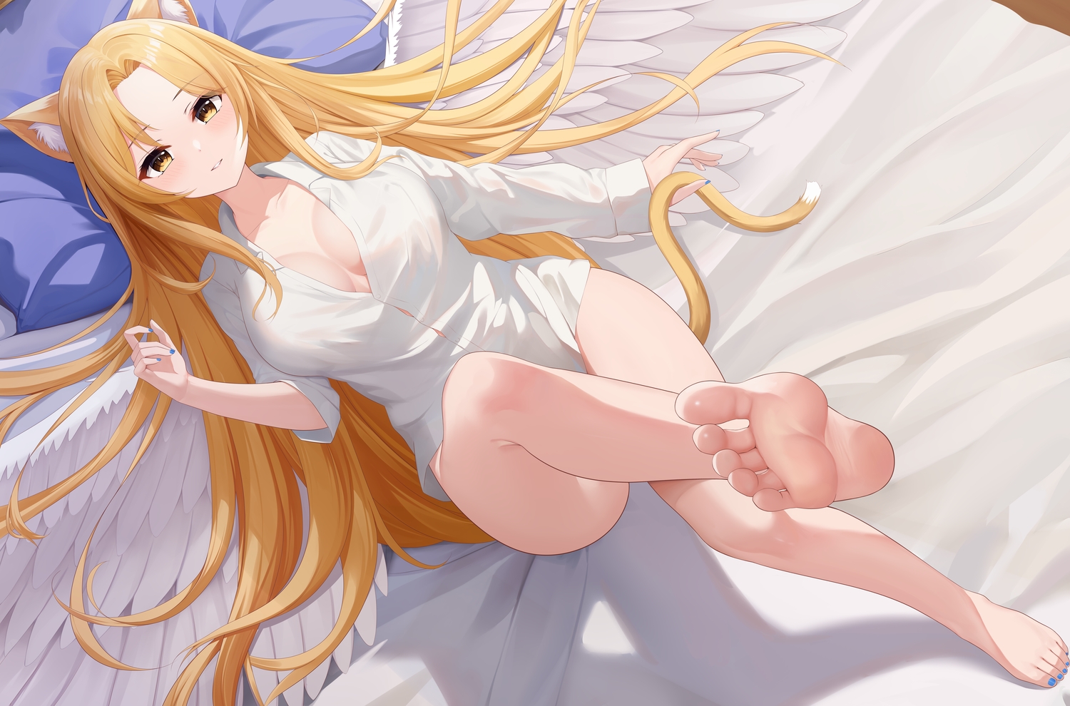 animal_ears, barefoot, bed, blonde_hair, blush, breasts, brown_eyes, catgirl