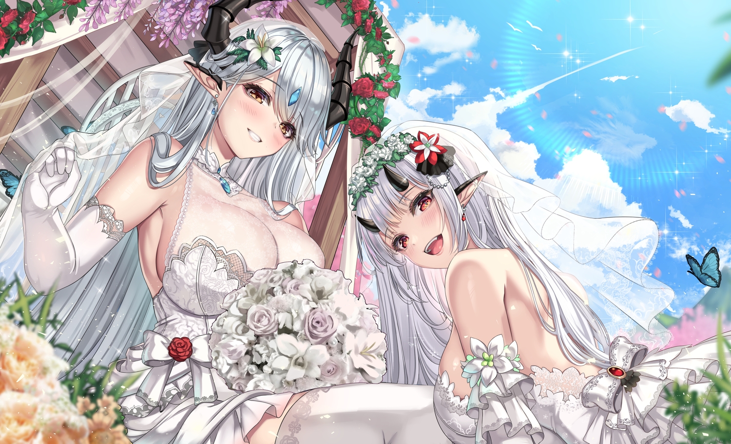 2girls, blush, bow, breasts, brown_eyes, butterfly, cenangam, cleavage