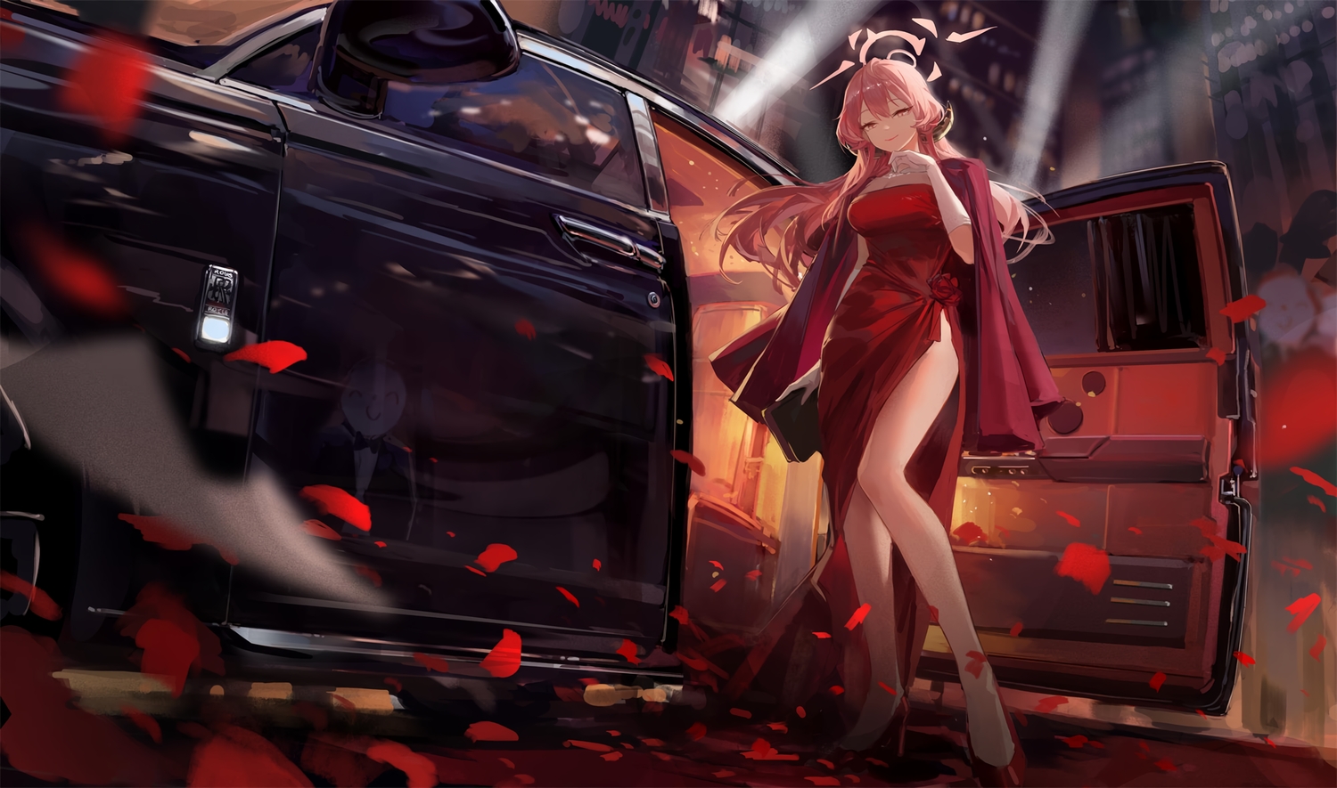 blue_archive, breasts, building, cape, car, city, cleavage, dress