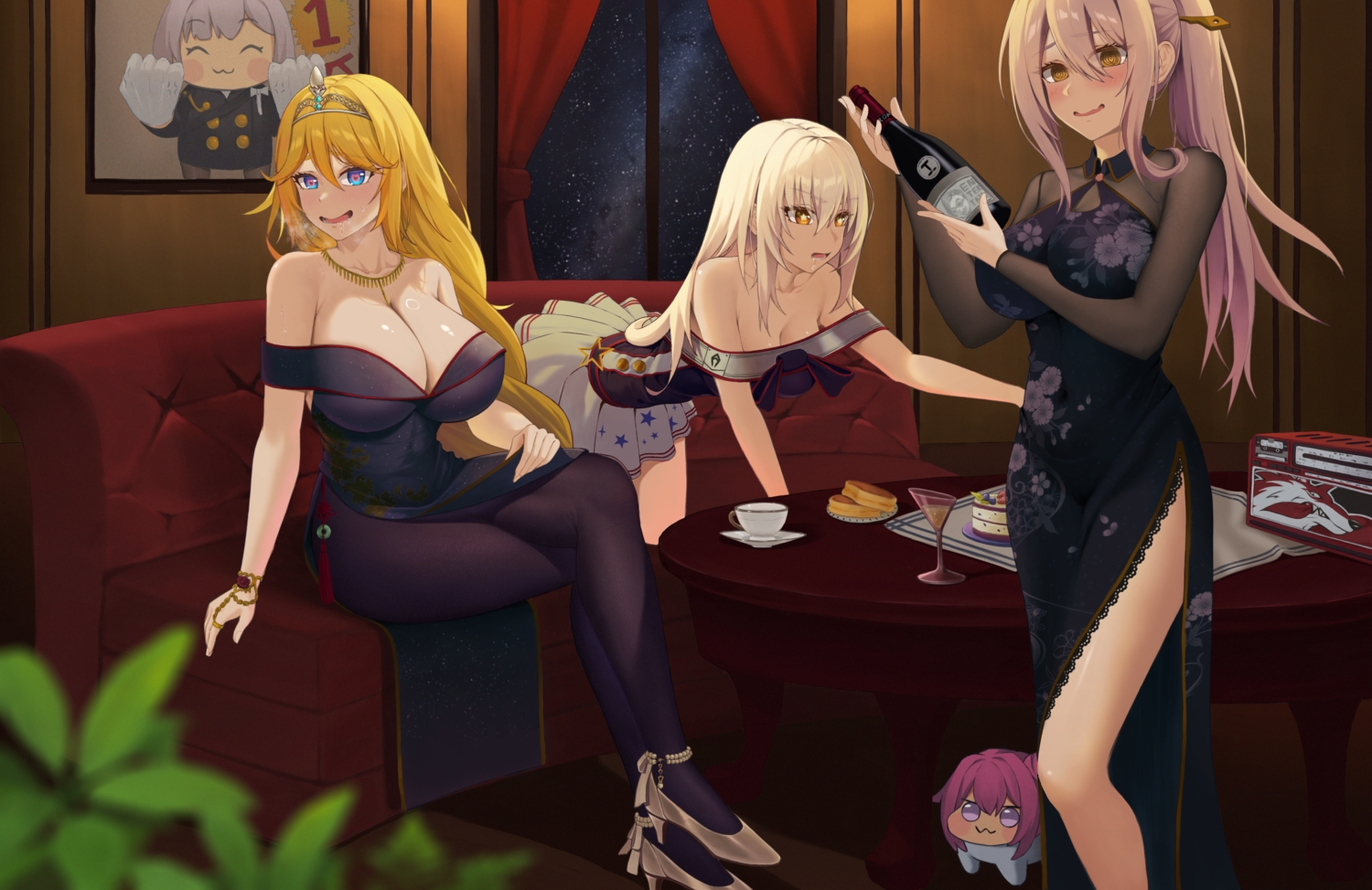 ashes_(artorios0603), blonde_hair, blue_eyes, blush, breast_hold, breasts, cake, chibi