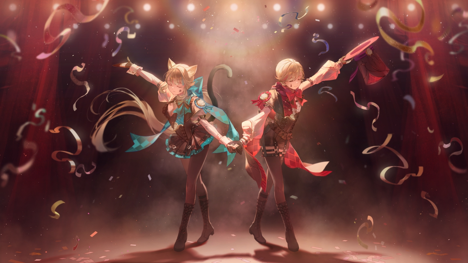 animal_ears, blackmeow, boots, dress, garter, genshin_impact, gloves, hat, long_hair, lynette_(genshin_impact), lyney_(genshin_impact), male, pantyhose, short_hair, shorts, stockings, tail, tattoo, twins