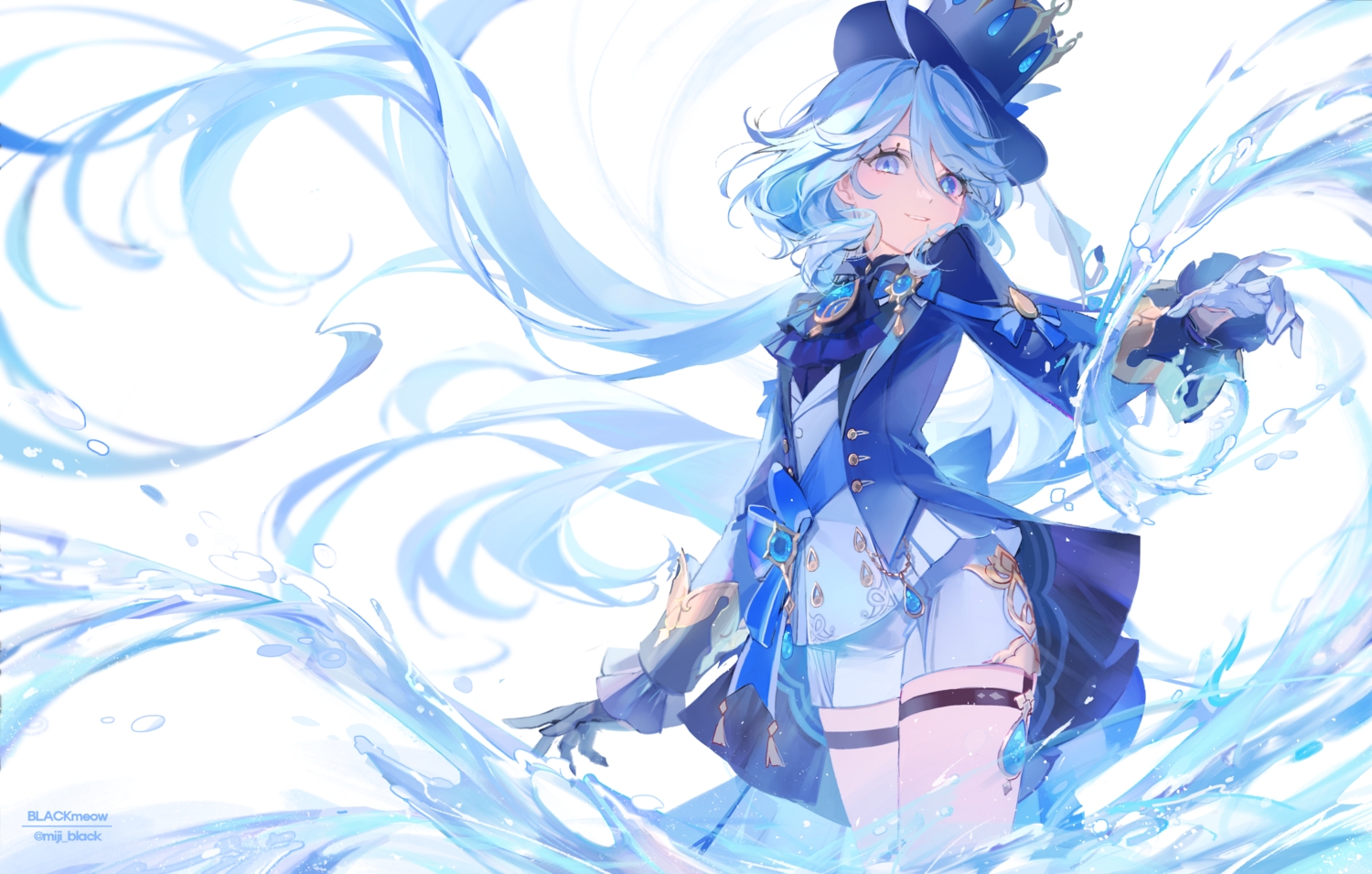 bicolored_eyes, blackmeow, blue_eyes, blue_hair, furina_(genshin_impact), garter, genshin_impact, gloves