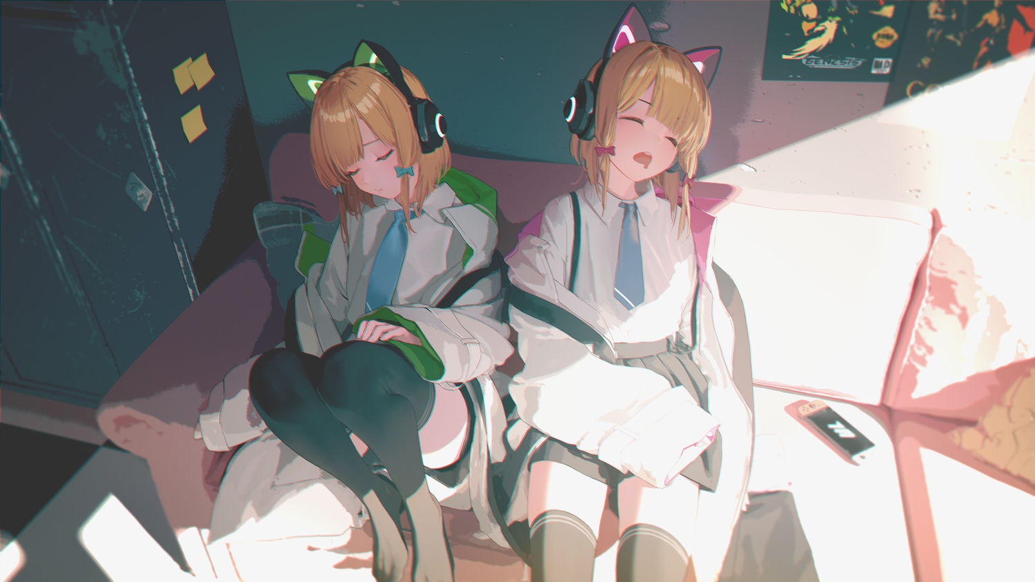 2girls, animal_ears, blonde_hair, blue_archive, bow, couch, game_console, headphones, hood, saiba_midori, saiba_momoi, school_uniform, shade, shirt, short_hair, skirt, sleeping, tacshojosora, thighhighs, tie, twins