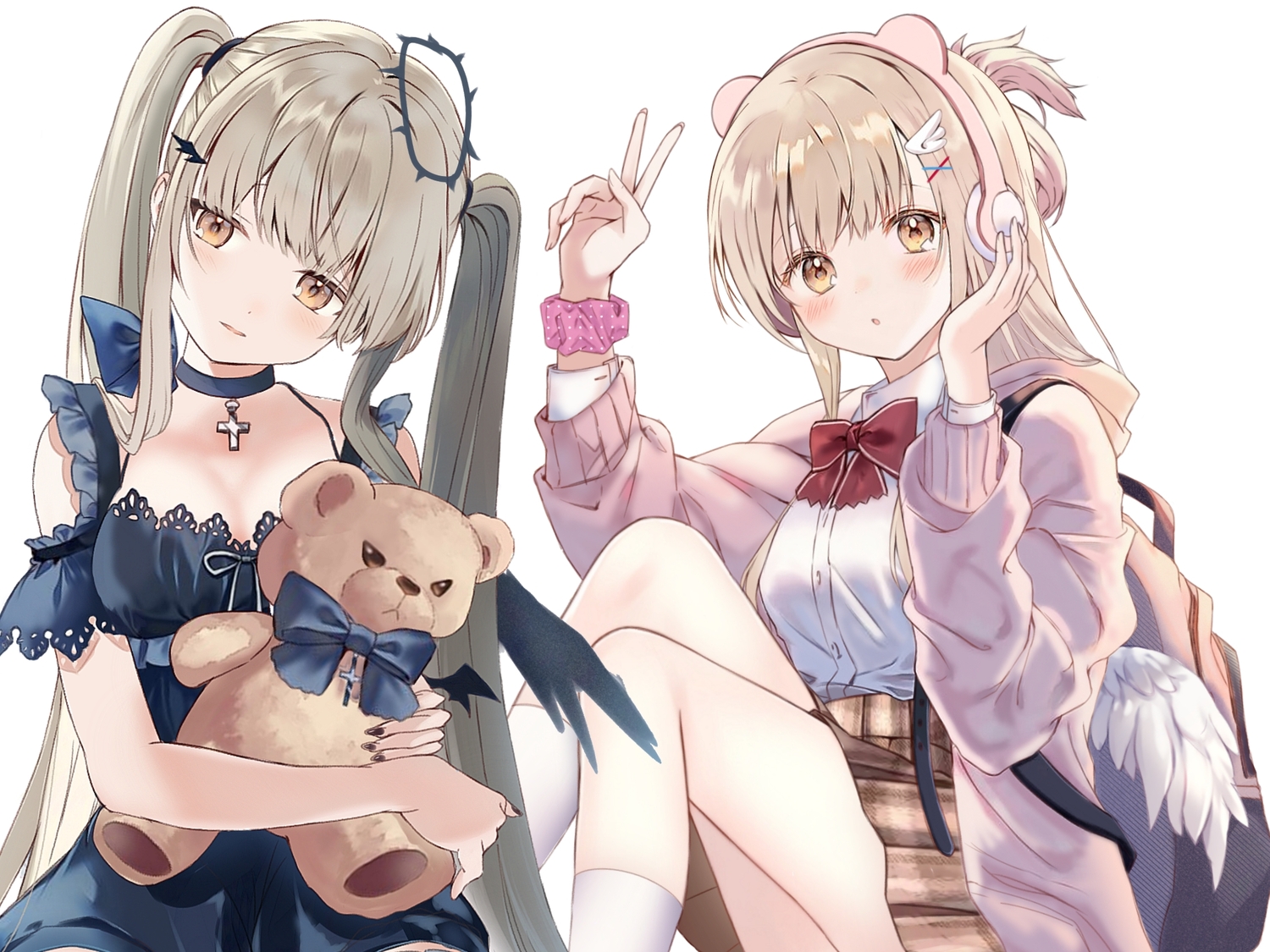 animal_ears, blonde_hair, blush, bow, breasts, brown_eyes, brown_hair, choker, cleavage, cross, dress, gothic, halo, headphones, hood, kneehighs, long_hair, otonari_no_tenshi_sama_ni_itsunomanika_dame_ningen_ni_sareteita_ken, ribbons, saint_laurent_paris, school_uniform, shiina_mahiru, shirt, skirt, teddy_bear, twintails, white, wings, wristwear