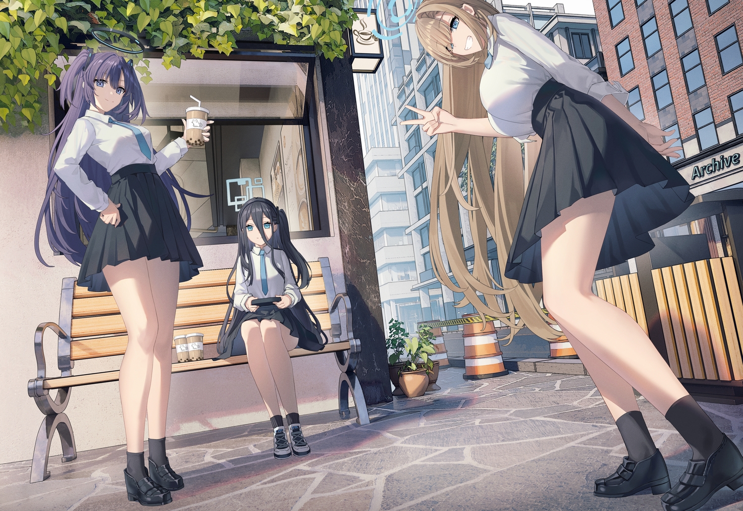 3d, angel_no_shousou, aqua_eyes, black_hair, blonde_hair, blue_archive, blue_eyes, breasts