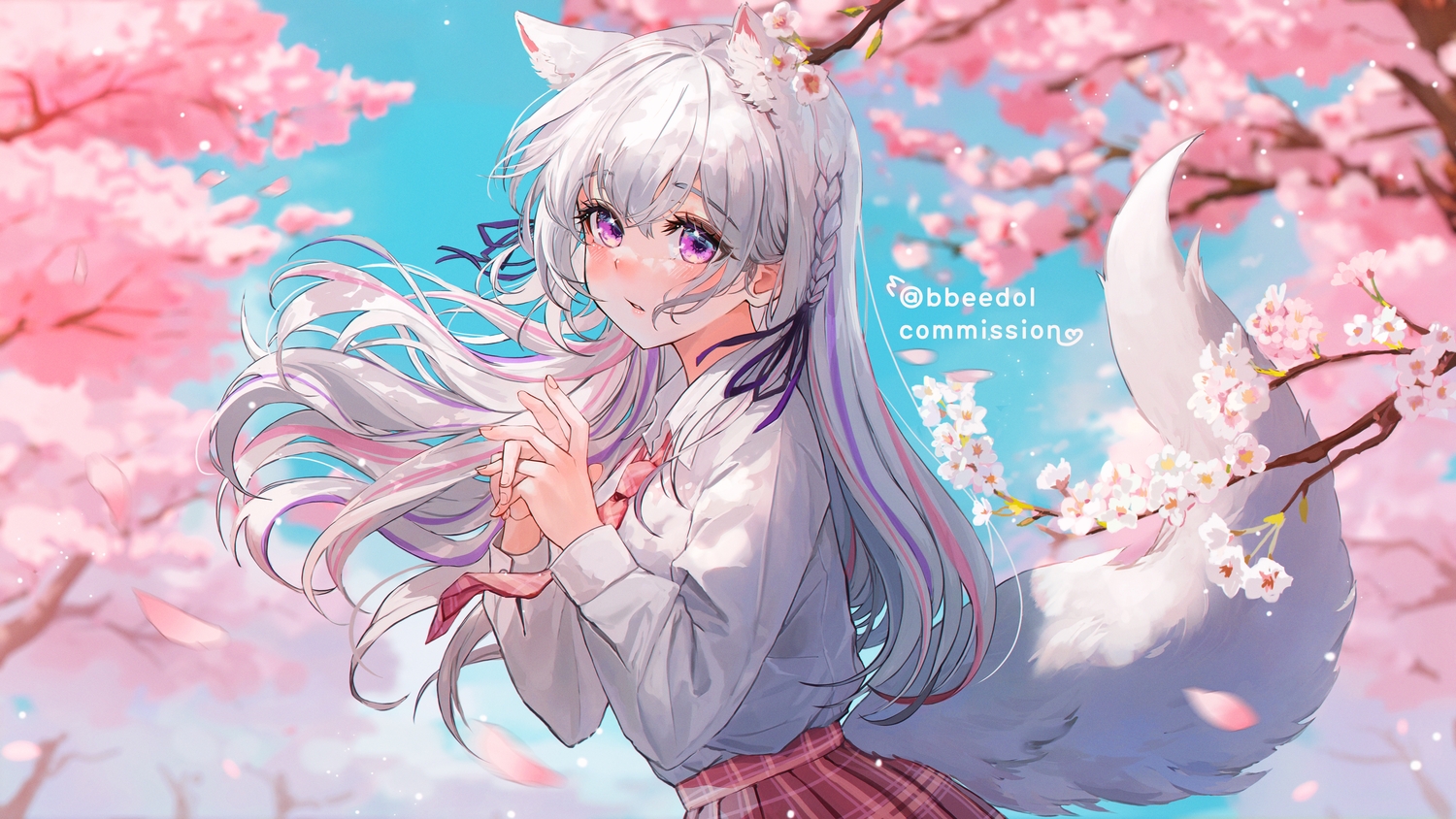animal_ears, bbeedol, blush, braids, catgirl, cherry_blossoms, flowers, gray_hair, lee_jooin, long_hair, petals, purple_eyes, ribbons, school_uniform, shirt, skirt, sky, tail, tie, tree, v-lup, watermark
