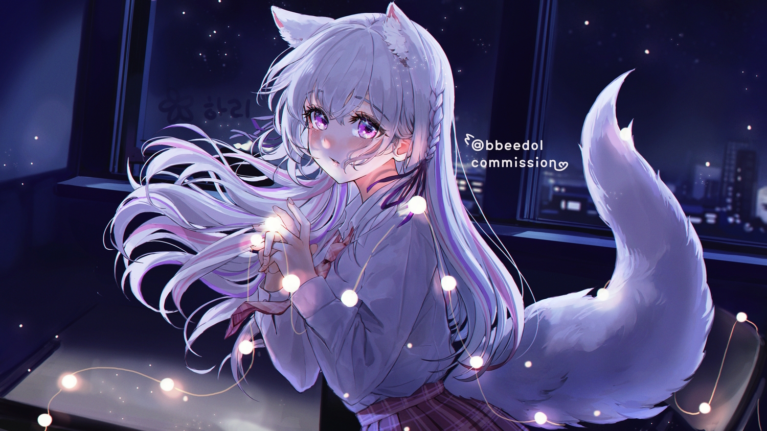 animal_ears, bbeedol, blush, braids, building, catgirl, city, dark