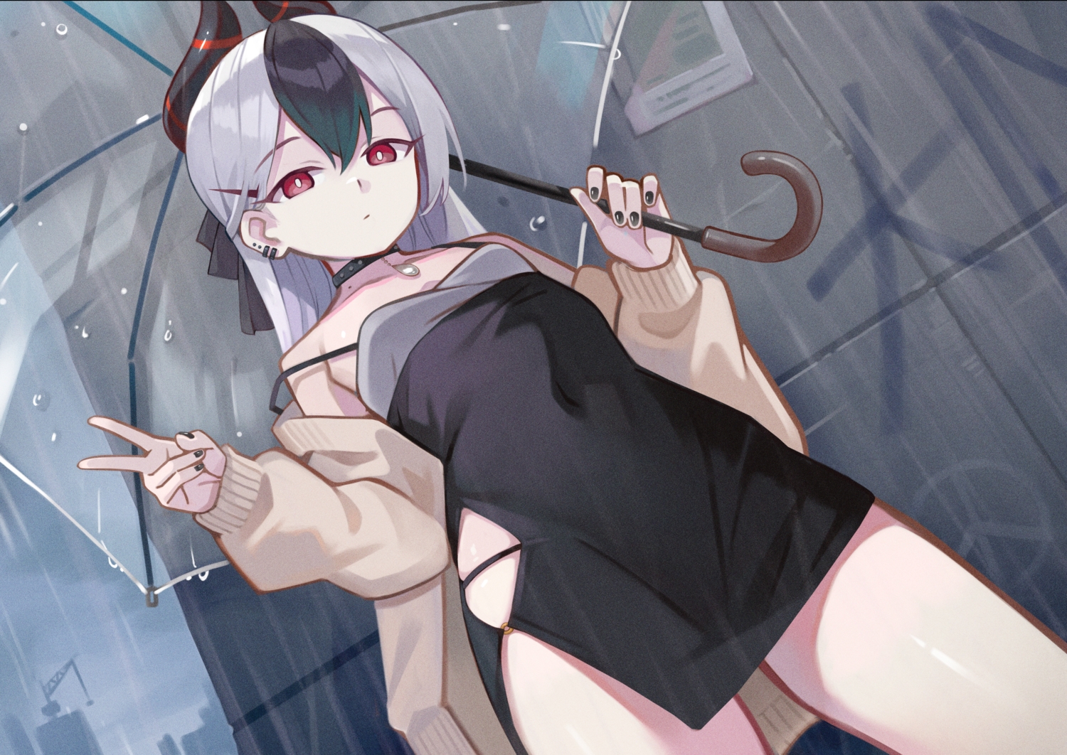 blue_archive, choker, dress, flat_chest, gray_hair, horns, long_hair, onikata_kayoko