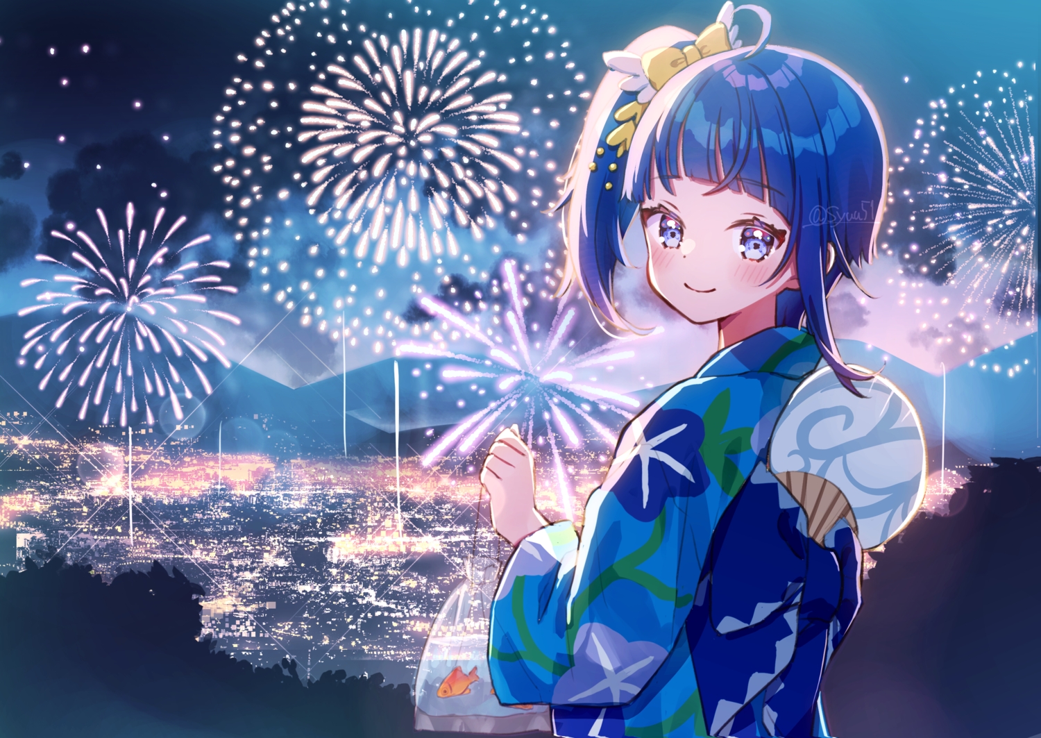 animal, blue_eyes, blue_hair, blush, bow, building, city, fan, fireworks, fish, hirogaru_sky!_precure, japanese_clothes, landscape, night, ponytail, precure, scenic, shuu_(mniarnoakou), signed, sky, sora_harewataru, yukata