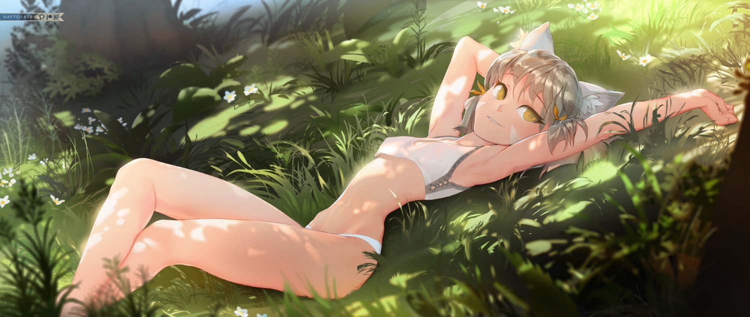 animal_ears, bra, catgirl, flowers, grass, gray_hair, naftosaur, niyah_(xenoblade)