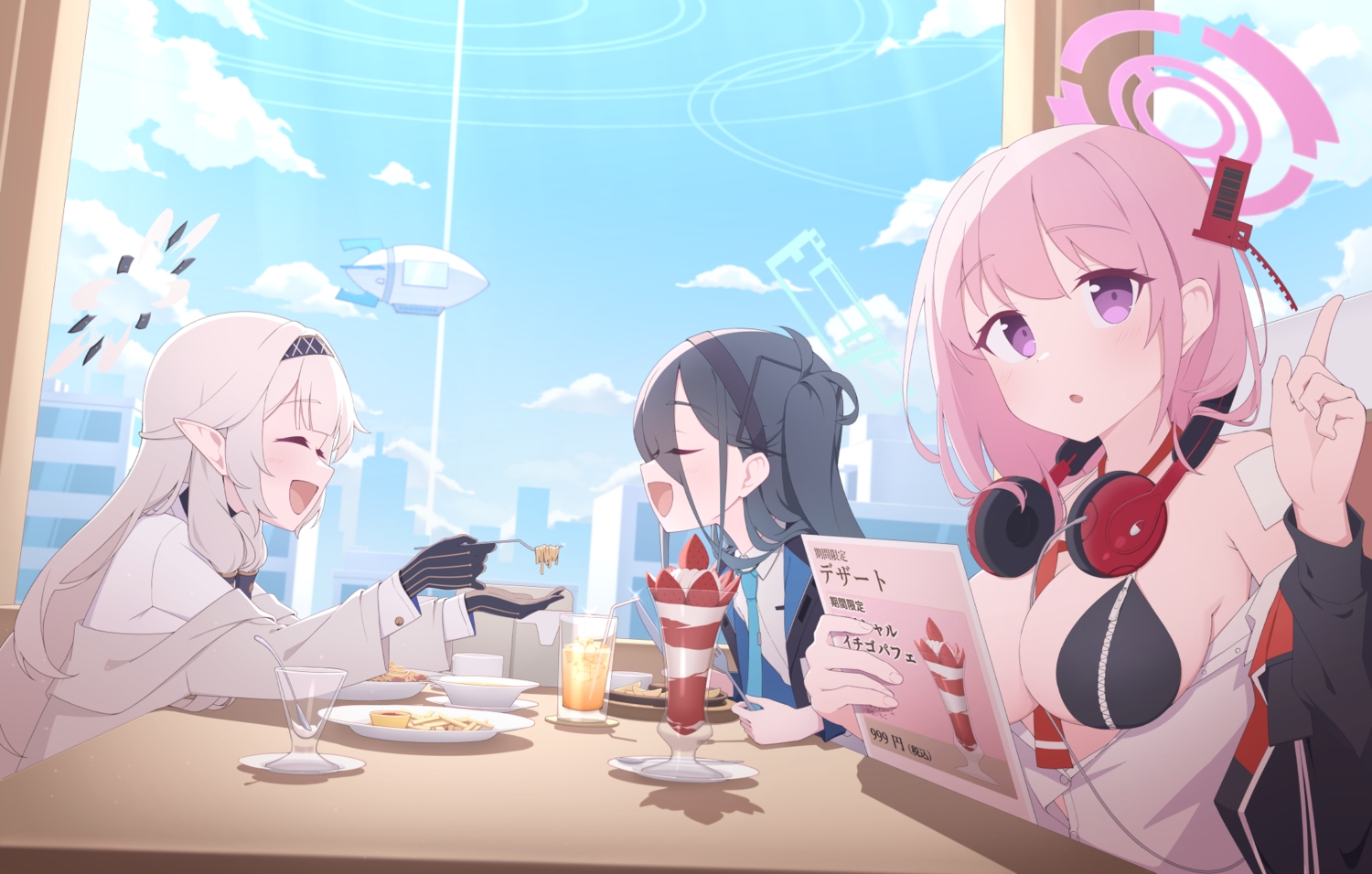 airship, akeboshi_himari, bikini_top, black_hair, blue_archive, breasts, building, city