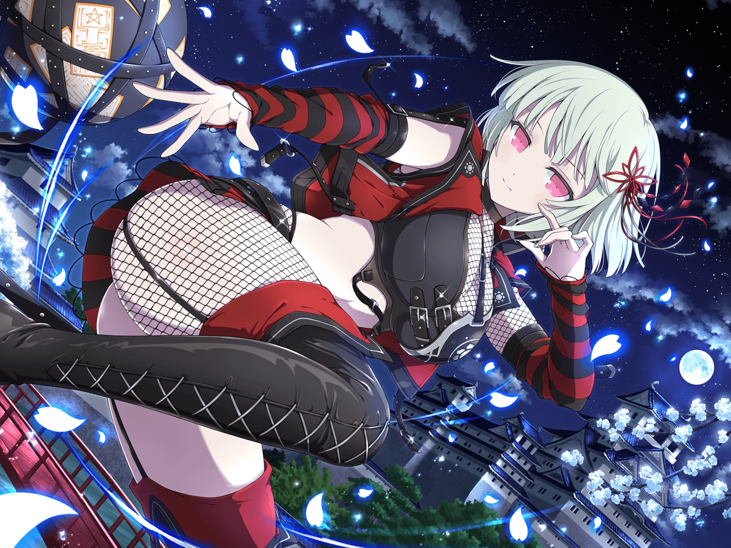 boots, breasts, building, cleavage, clouds, flowers, garter_belt, green_hair, moon, naraku_(senran_kagura), night, ninja, petals, red_eyes, senran_kagura, short_hair, skirt, sky, stockings, tree, upskirt, yaegashi_nan