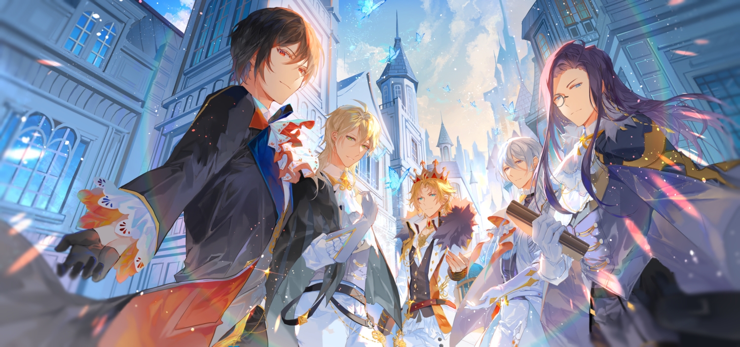 alkaid_mcgrath, all_male, aqua_eyes, ayn_alwyn, blonde_hair, blue_eyes, book, brown_hair, building, butterfly, cael_anselm, clarence_clayden, clouds, crown, gloves, gray_hair, green_eyes, group, lars_rorschach, long_hair, lovebrush_chronicles, male, necklace, purple_eyes, red_eyes, reku_(pixiv3677982), short_hair, sky