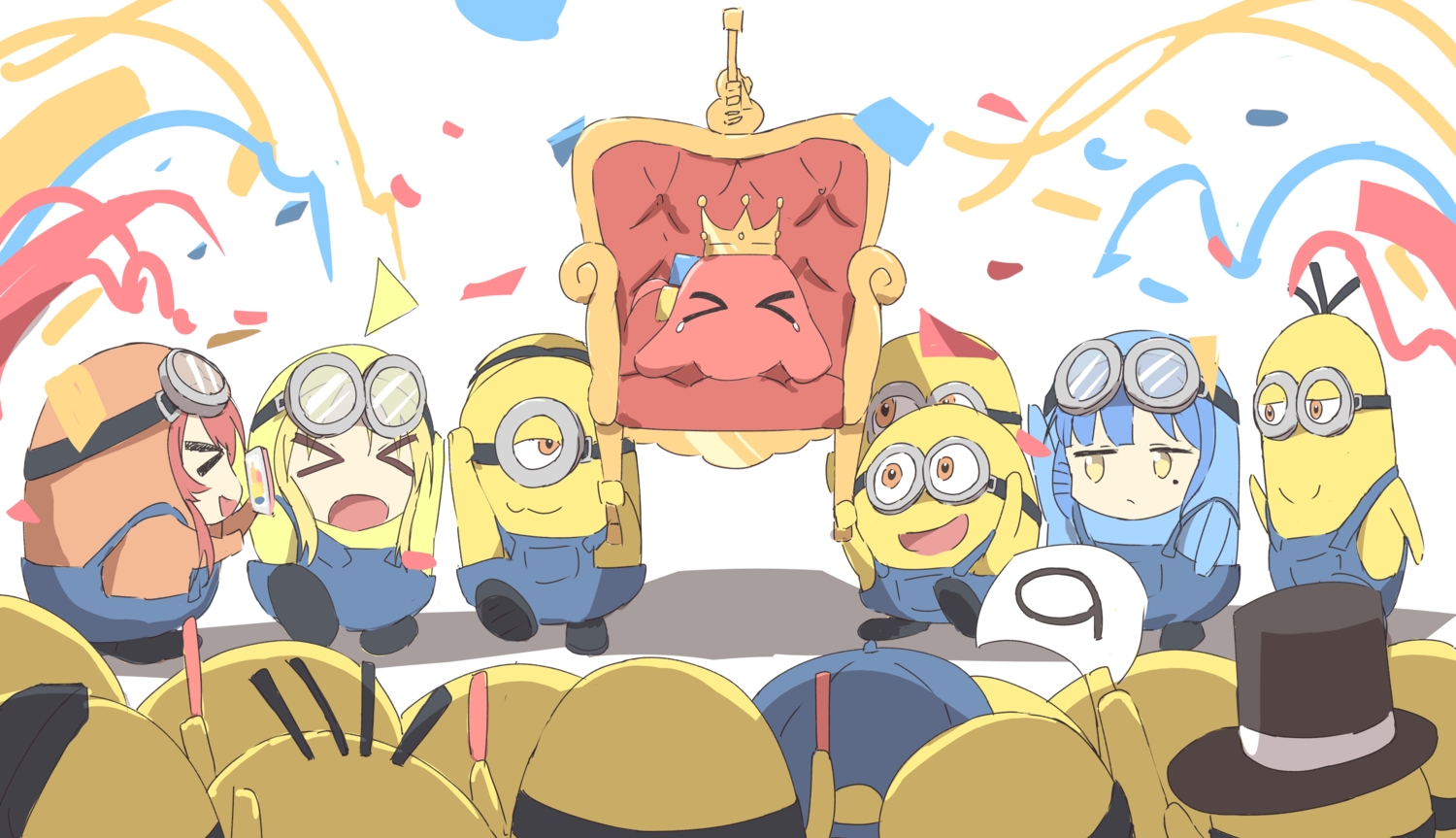 blonde_hair, blue_hair, bob_(despicable_me), bocchi_the_rock!, brown_eyes, crossover, crown, despicable_me, goggles, gotou_hitori, group, hat, ijichi_nijika, kaai_yuu, kevin_(despicable_me), kita_ikuyo, minions_(movie), red_hair, sketch, stuart_(despicable_me), tears, white, yamada_ryou