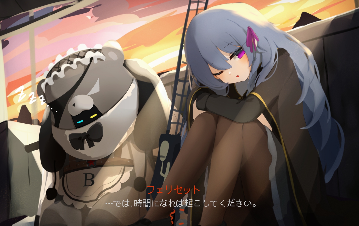 anthropomorphism, apron, ash_arms, blue_hair, bow, cape, crossover, felicette_(marfusha), headdress, kv-2_(ash_arms), long_hair, marfusha, matsudai_d, pantyhose, purple_eyes, ribbons, skirt, sleeping, weapon, wink