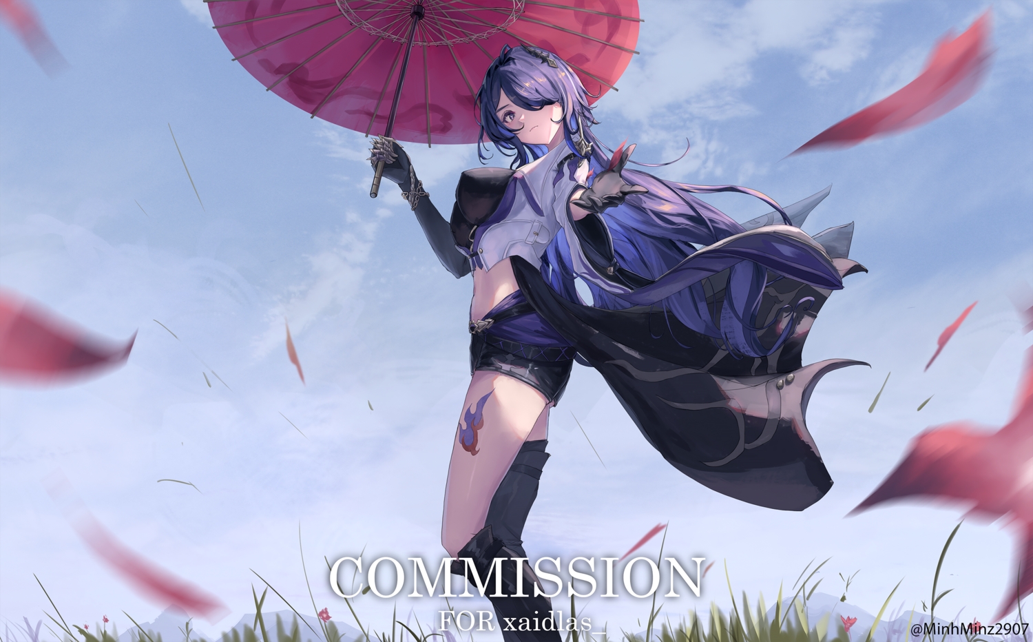 acheron_(honkai:_star_rail), boots, clouds, elbow_gloves, gloves, grass, honkai_(series), honkai:_star_rail